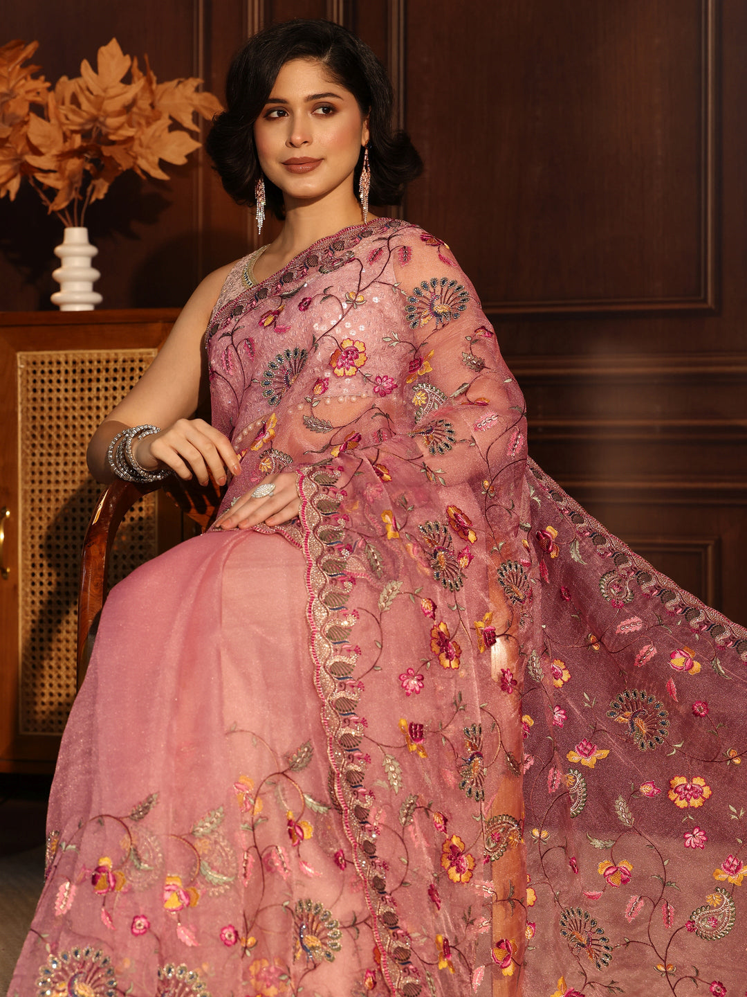  Libas Art Blush Pink Floral Stone Work Embellished Tissue Saree 