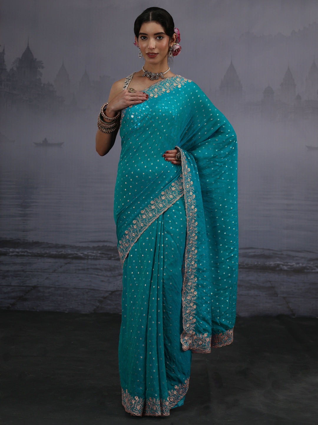  Libas Blue Woven Design Tissue Saree with Embroidered Border 