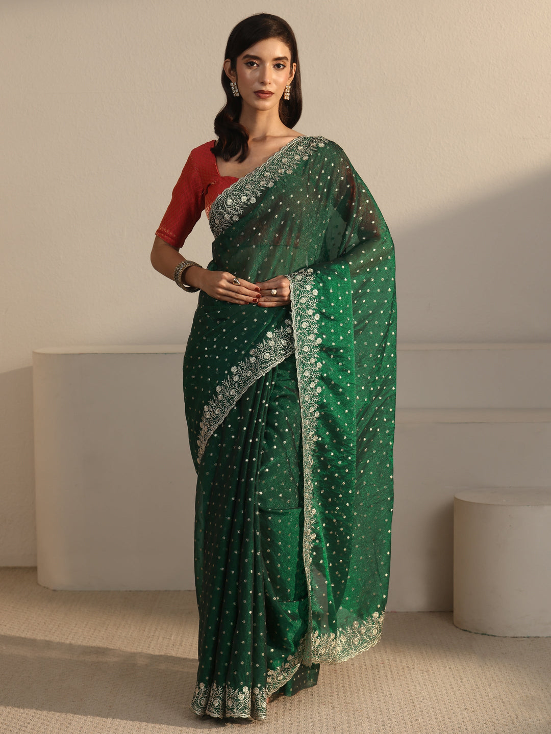  Libas Dark Green Woven Design Tissue Saree with Floral Border 