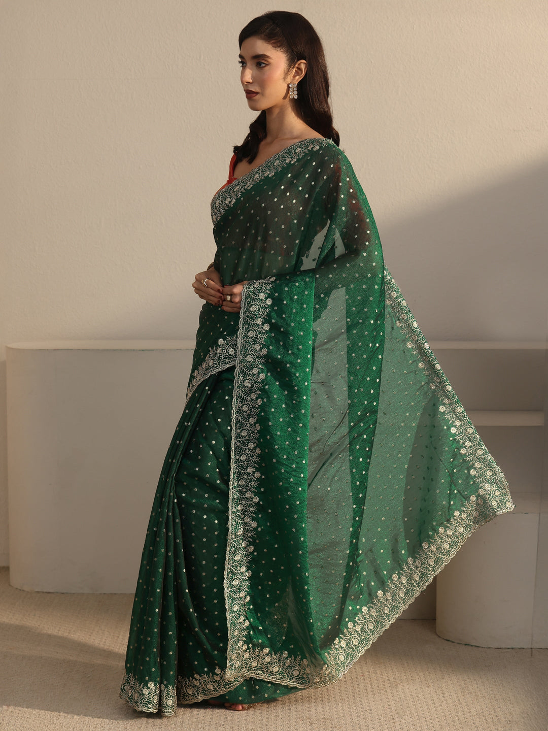  Libas Dark Green Woven Design Tissue Saree with Floral Border 