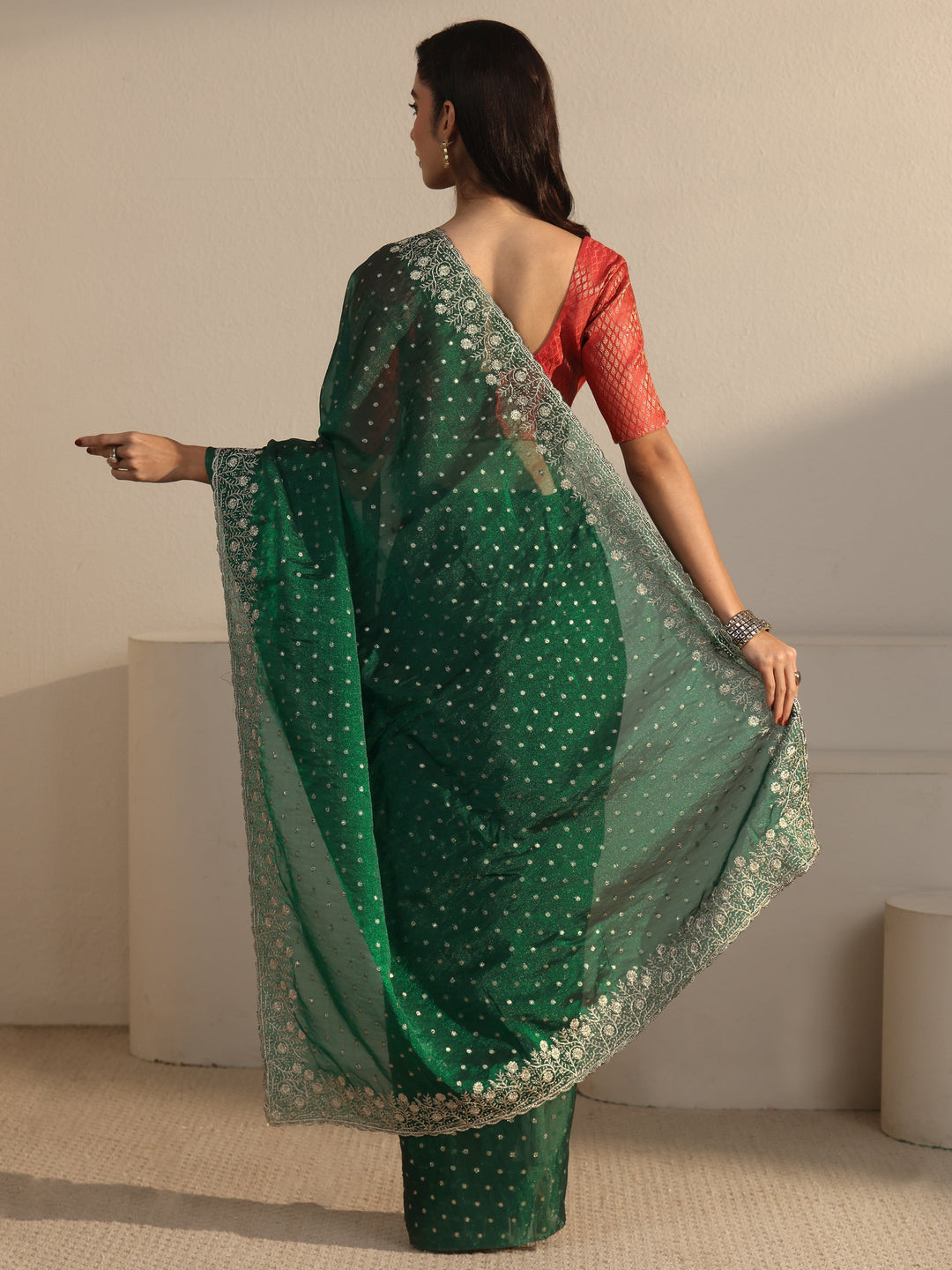  Libas Dark Green Woven Design Tissue Saree with Floral Border 