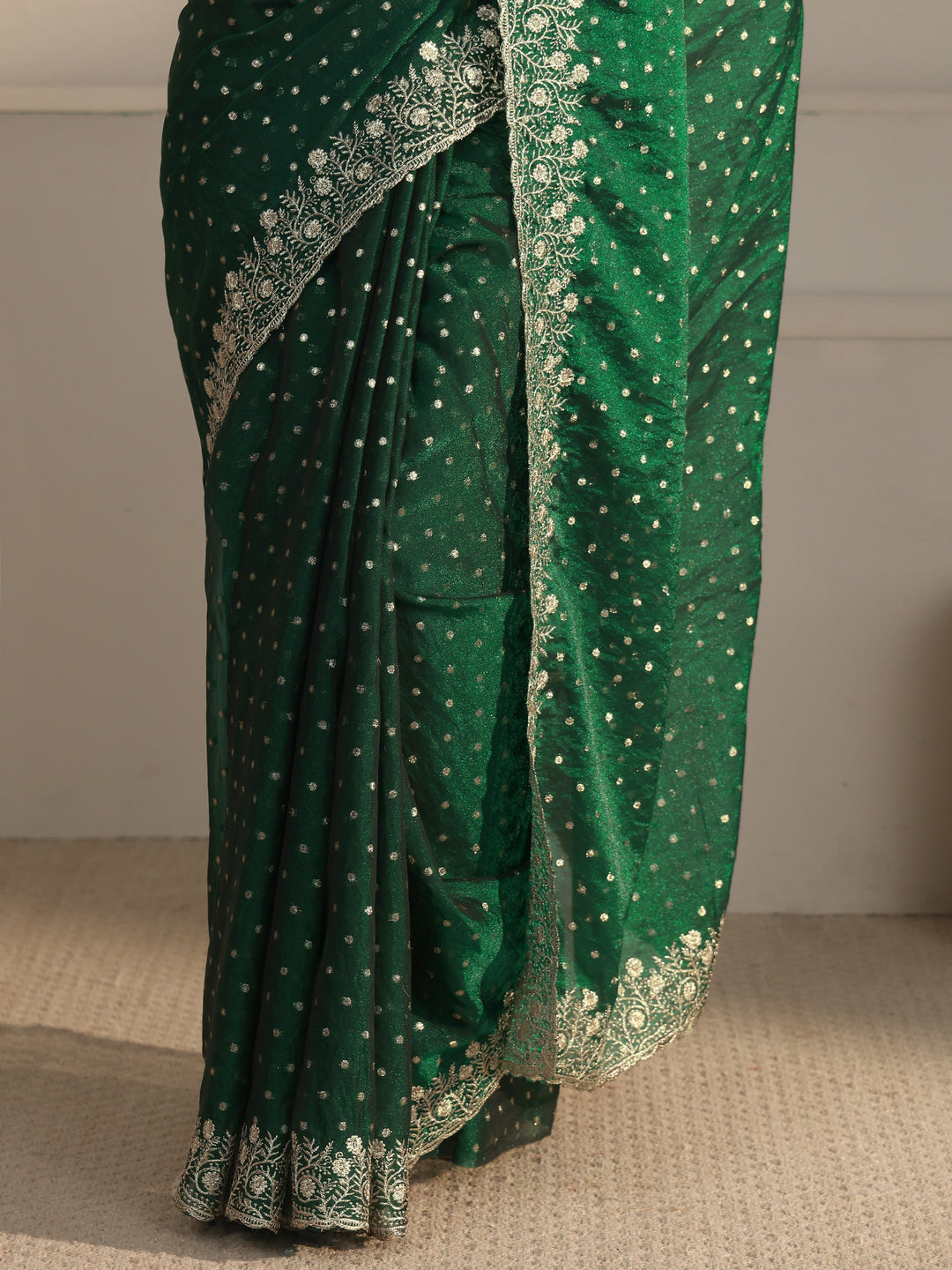  Libas Dark Green Woven Design Tissue Saree with Floral Border 