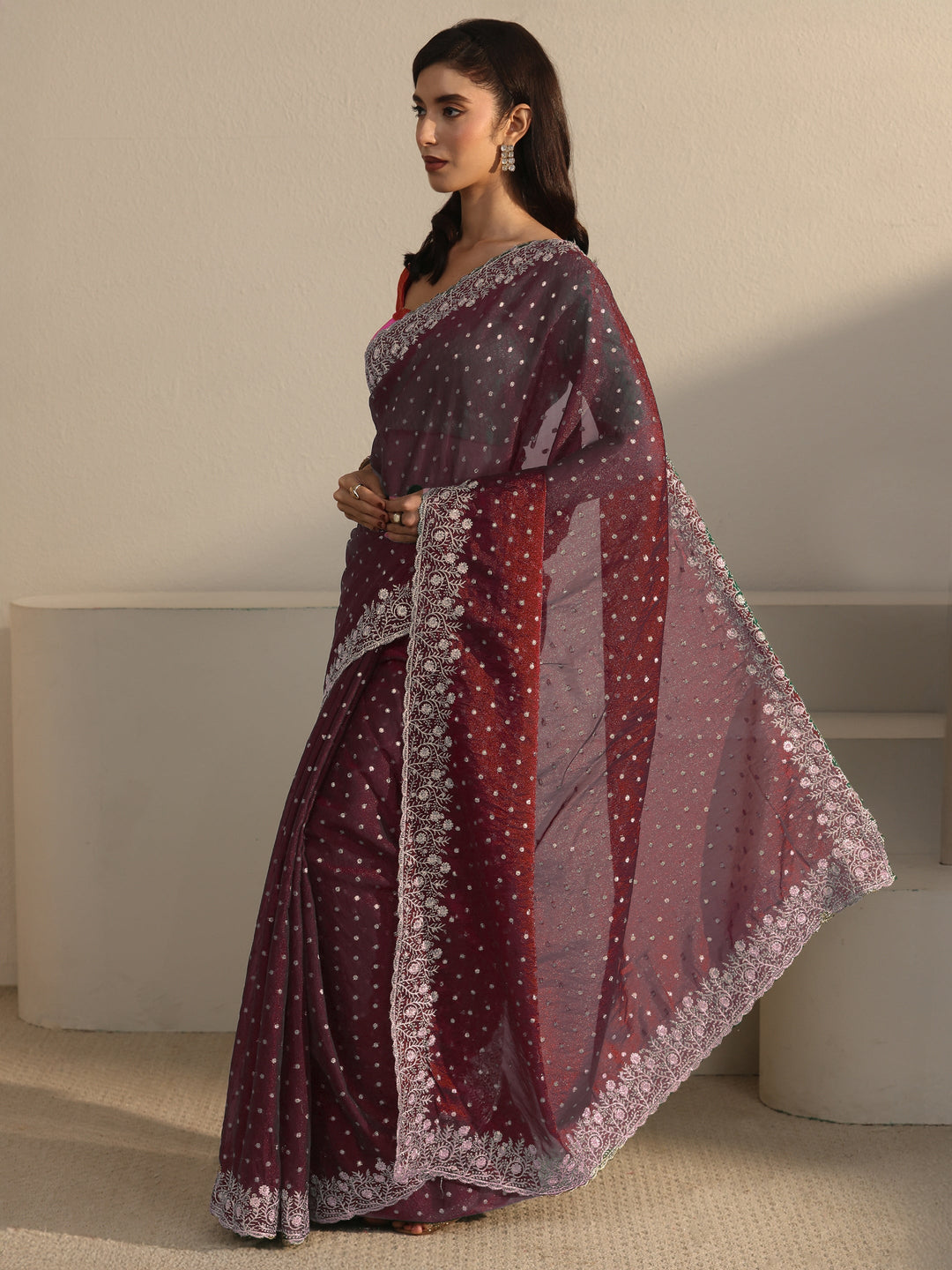  Libas Maroon Woven Design Tissue Saree with Floral Border 