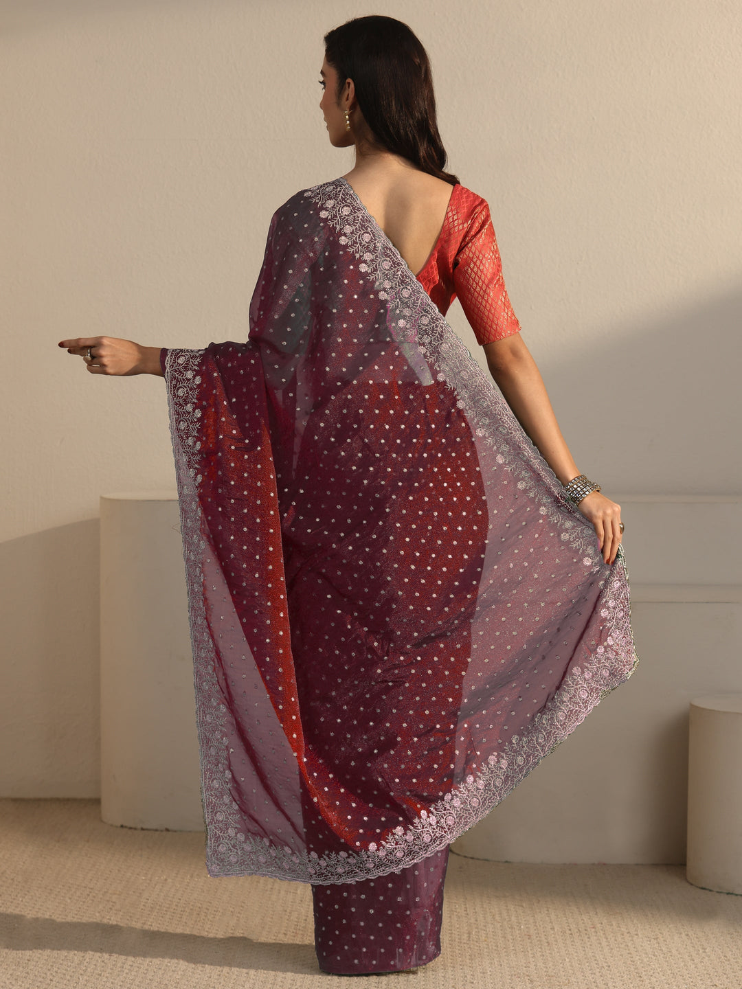  Libas Maroon Woven Design Tissue Saree with Floral Border 