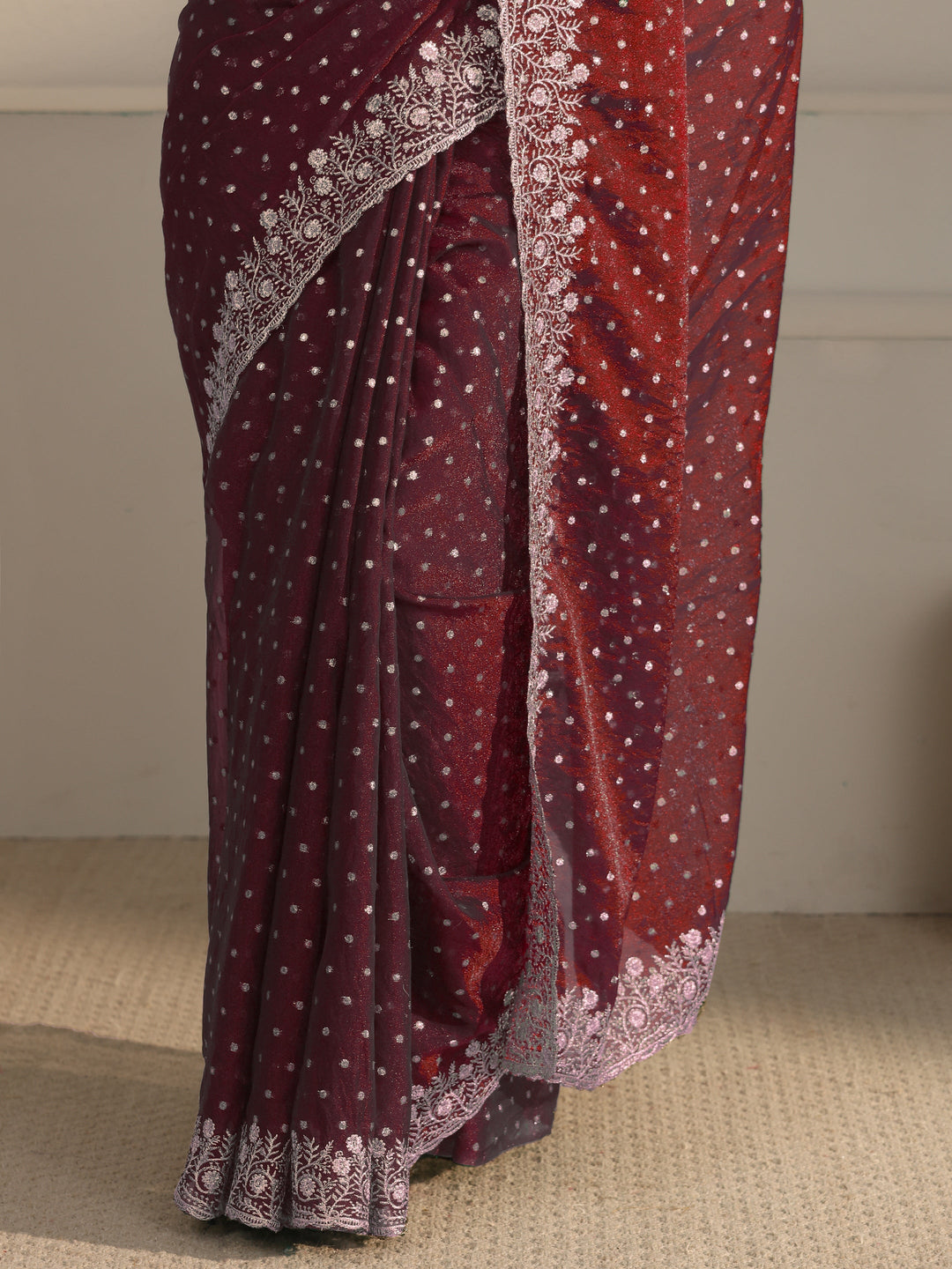  Libas Maroon Woven Design Tissue Saree with Floral Border 