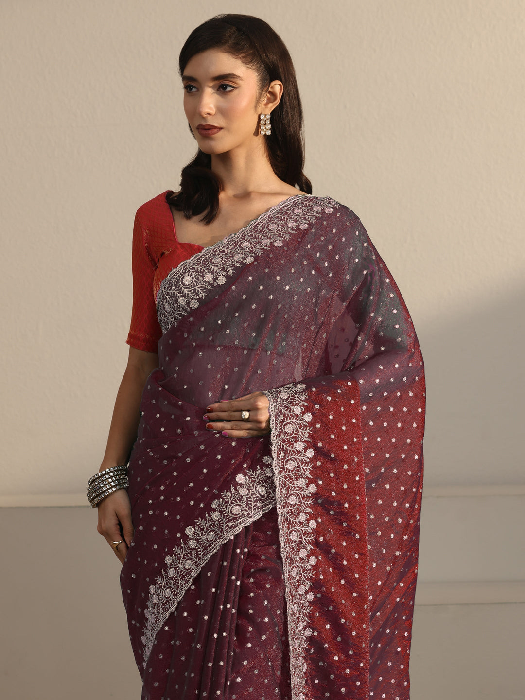  Libas Maroon Woven Design Tissue Saree with Floral Border 