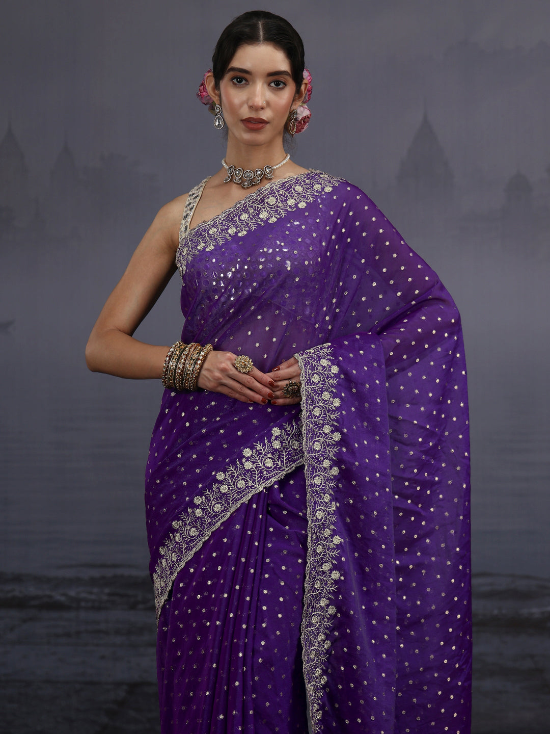  Libas Purple Woven Design Tissue Saree with Embroidered Border 