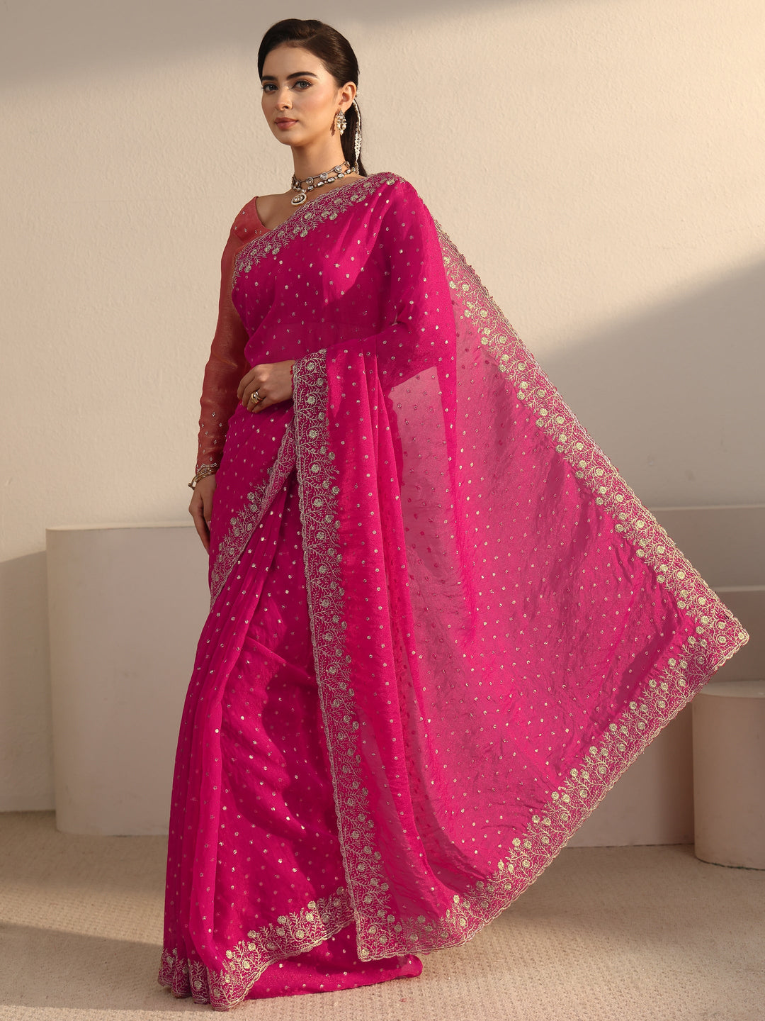  Libas Fuchsia Pink Woven Design Tissue Saree with Floral Border 