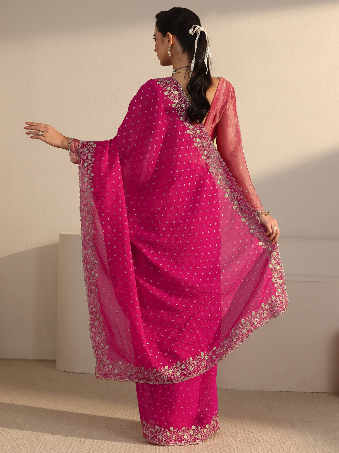  Libas Fuchsia Pink Woven Design Tissue Saree with Floral Border 