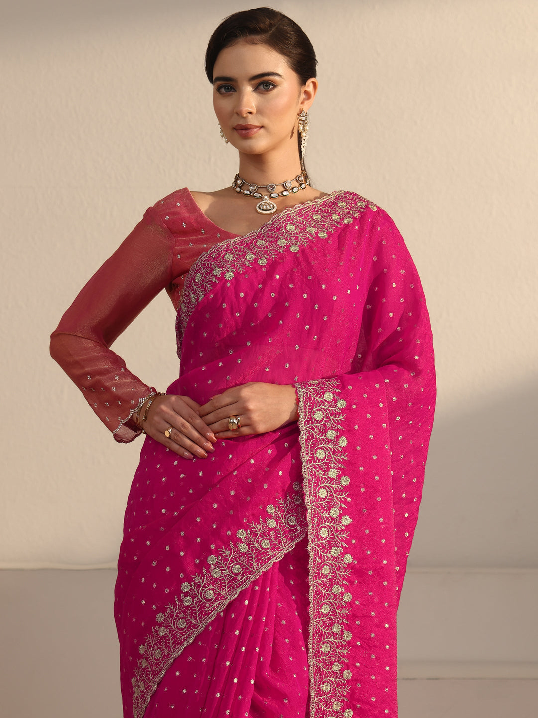 Libas Fuchsia Pink Woven Design Tissue Saree with Floral Border 