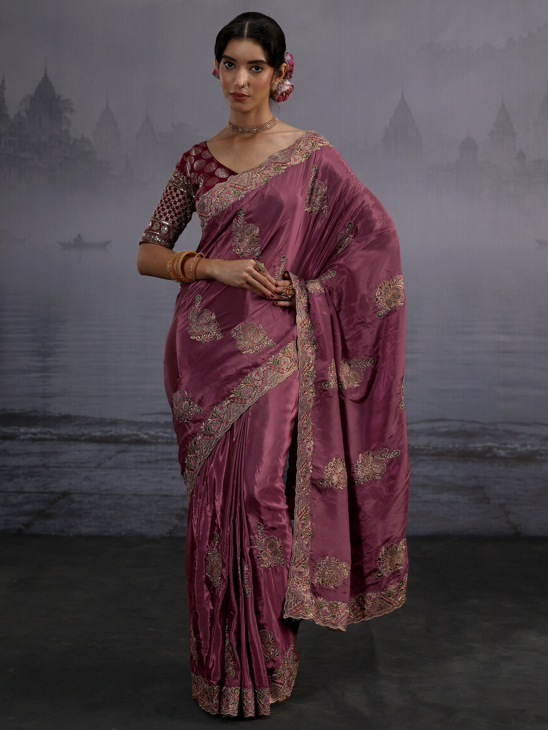  Libas Mauve Embroidered Satin Saree 