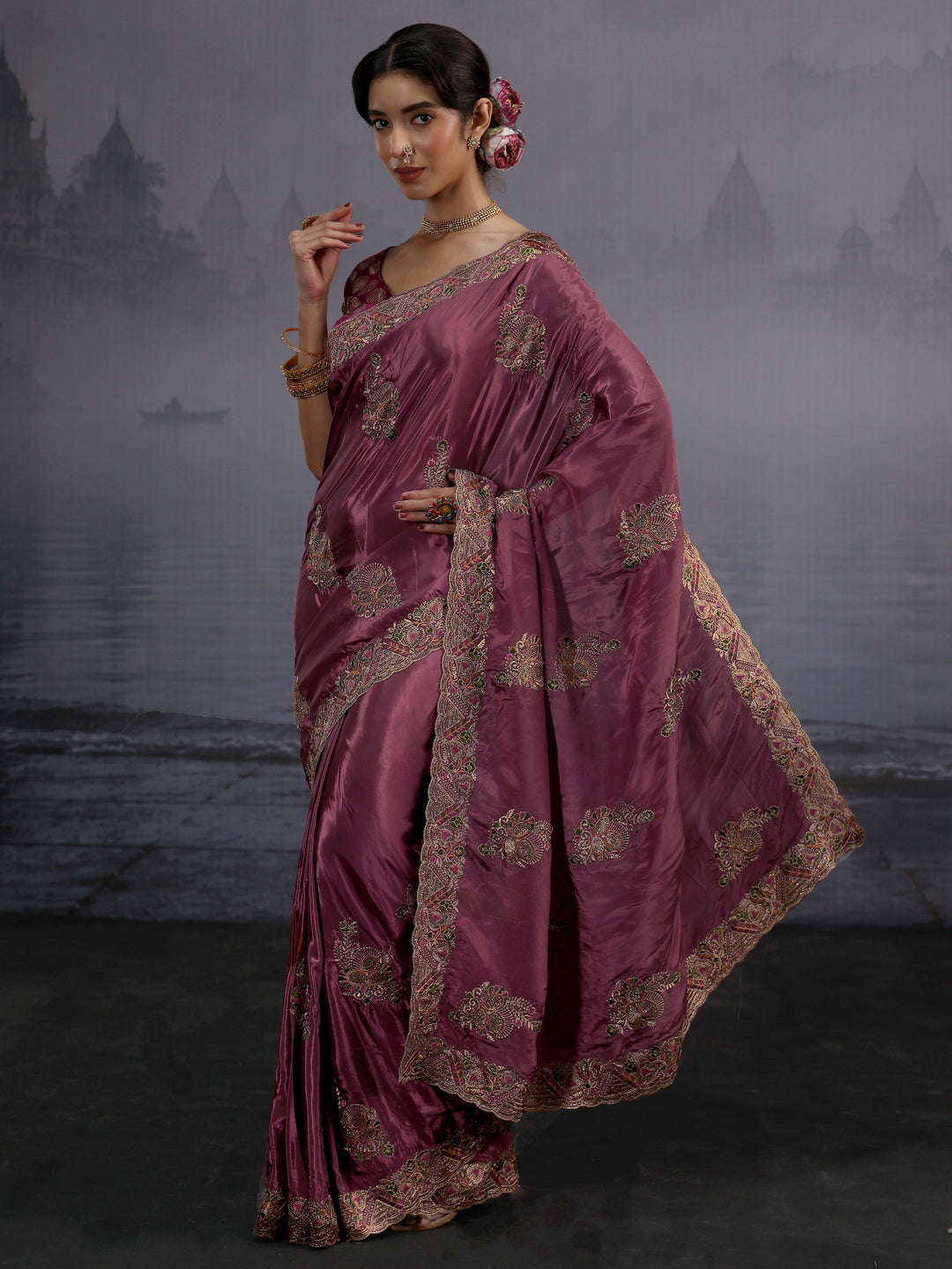  Libas Mauve Embroidered Satin Saree 