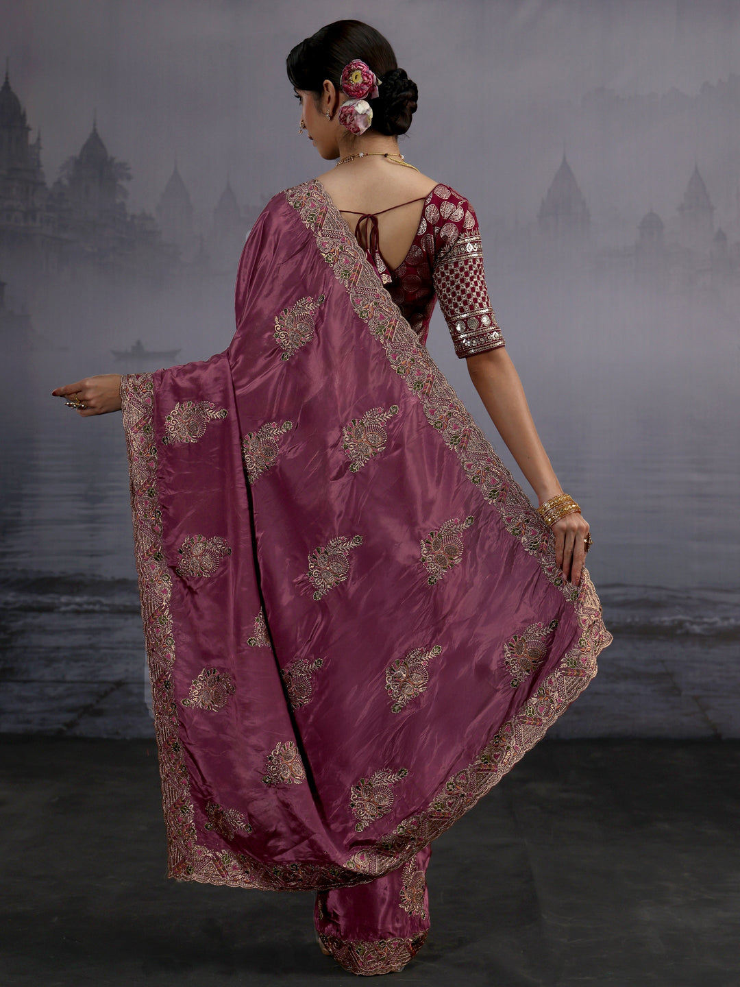  Libas Mauve Embroidered Satin Saree 