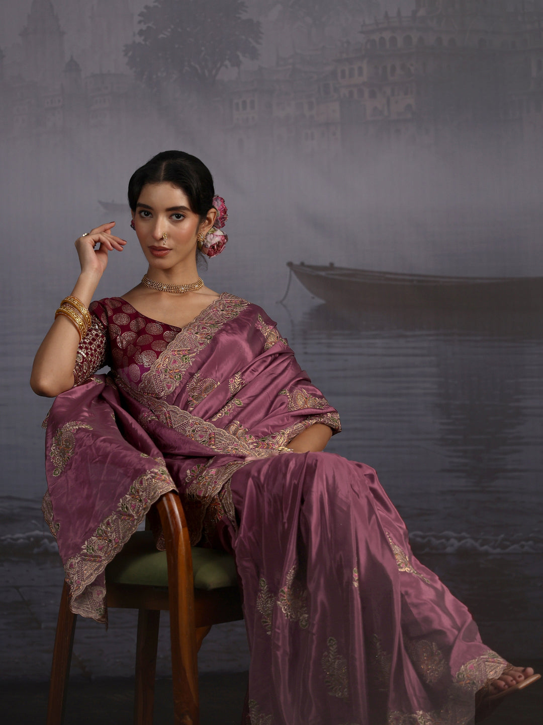  Libas Mauve Embroidered Satin Saree 