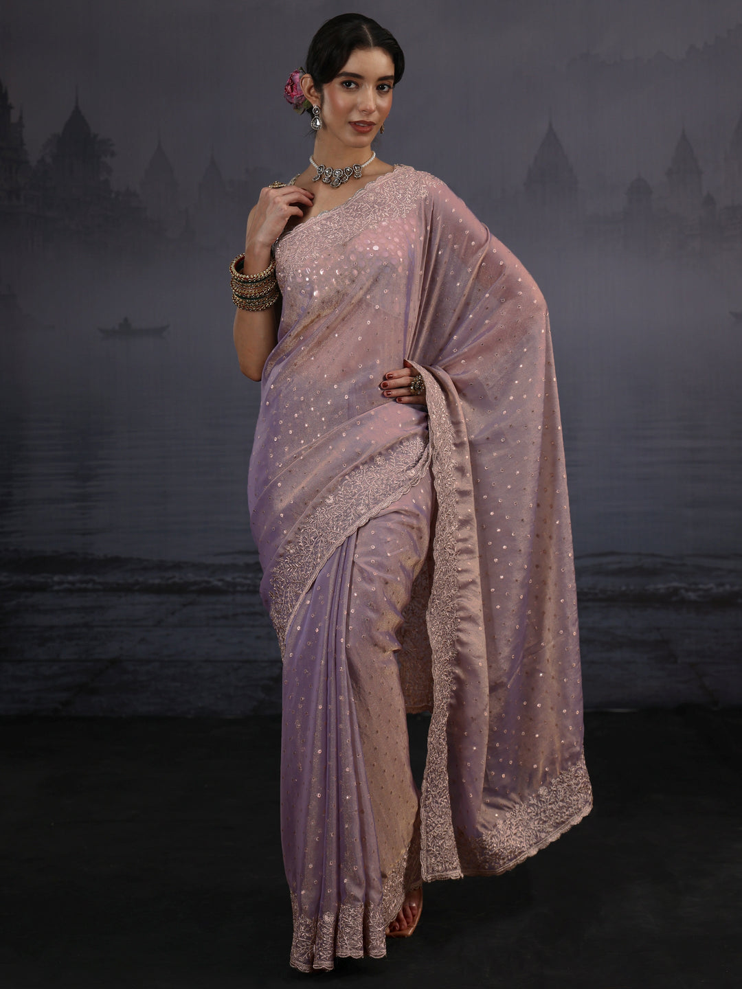  Libas Lavender Woven Design Tissue Saree with Embroidered Border 