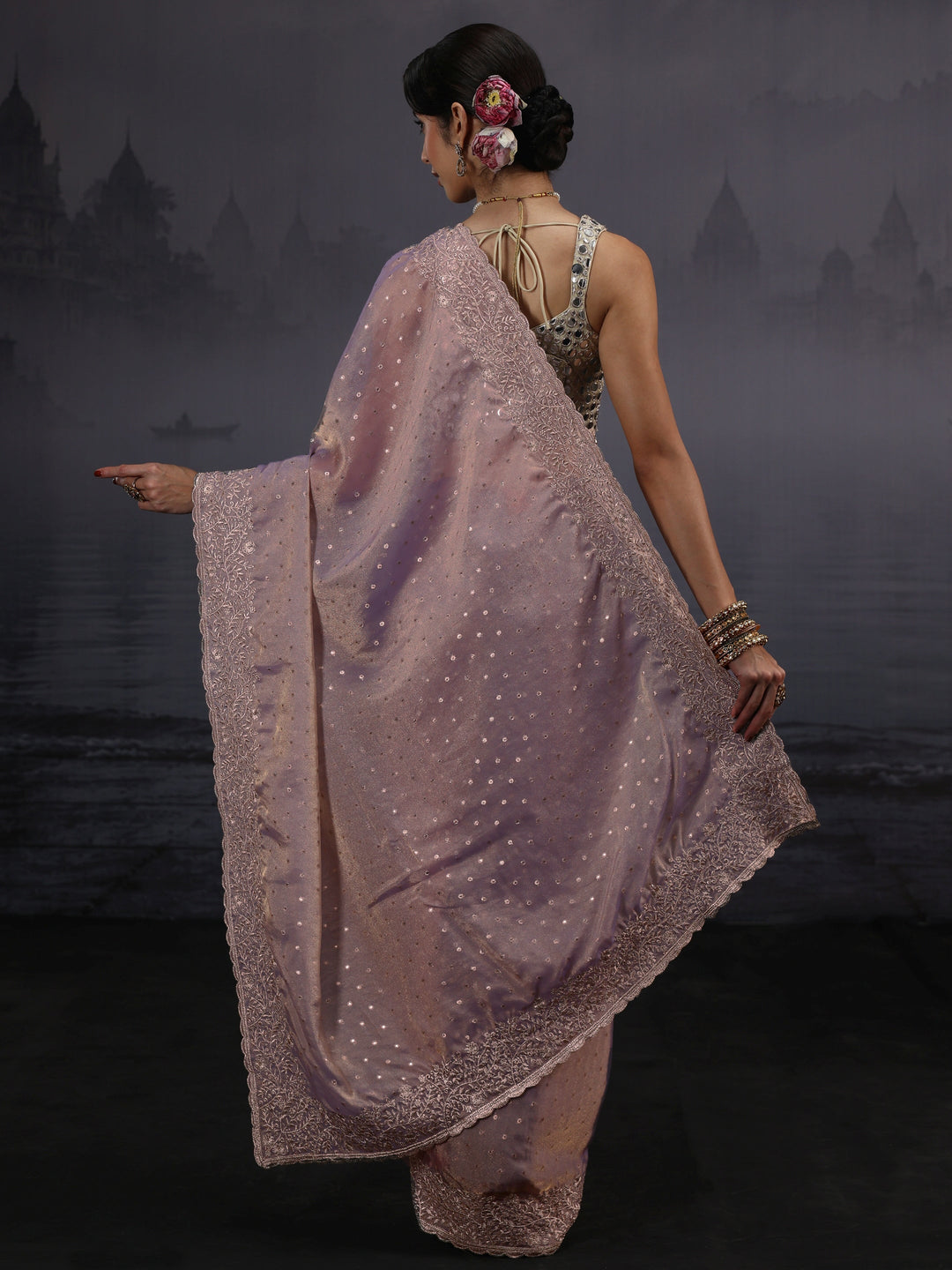  Libas Lavender Woven Design Tissue Saree with Embroidered Border 