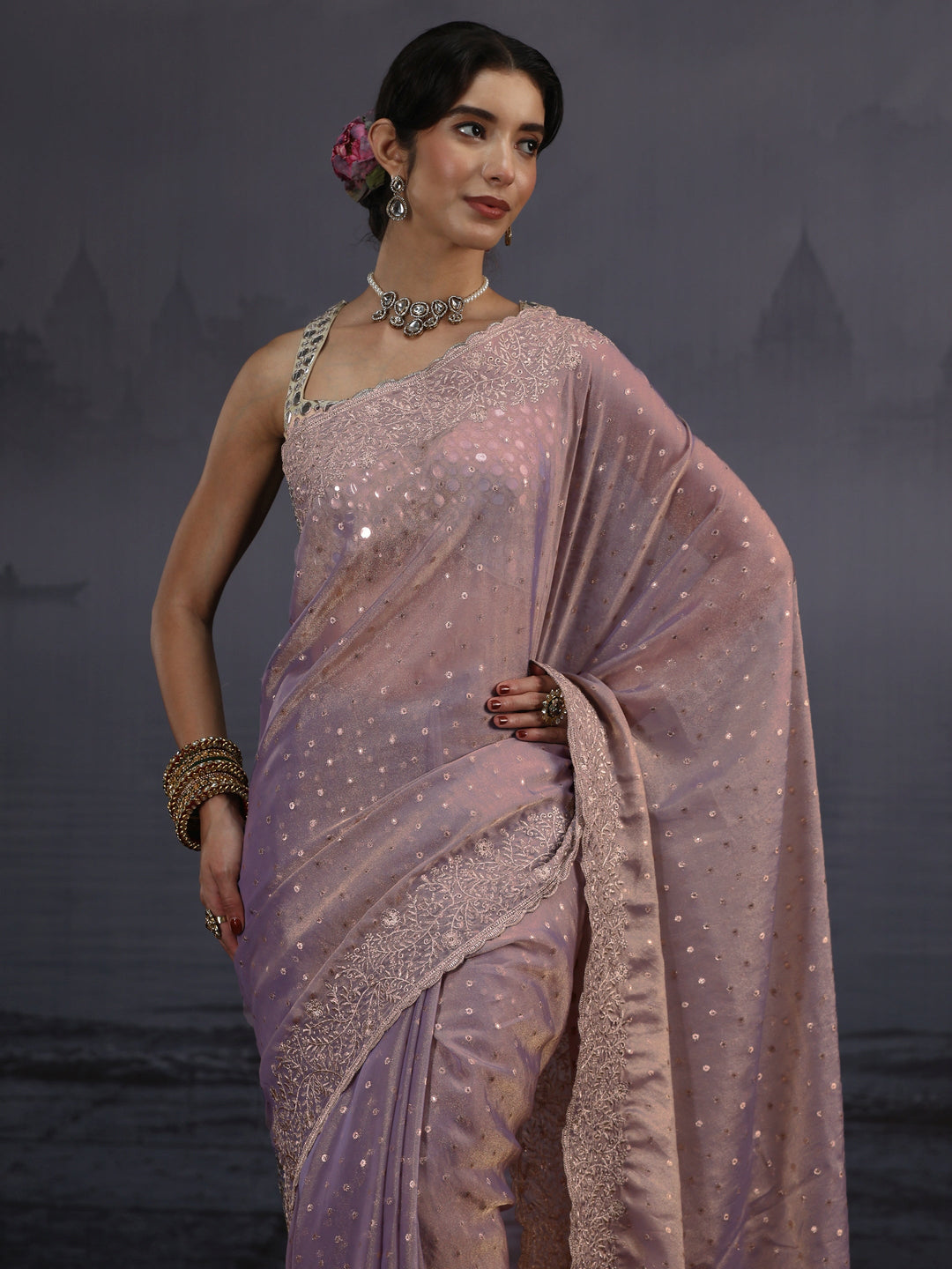  Libas Lavender Woven Design Tissue Saree with Embroidered Border 