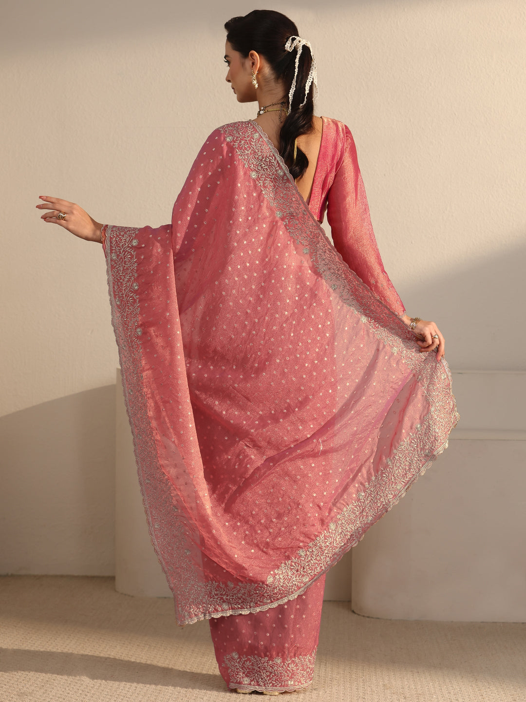  Libas Peach Woven Design Tissue Saree with Floral Border 