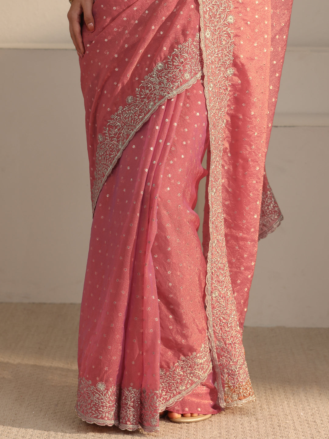  Libas Peach Woven Design Tissue Saree with Floral Border 