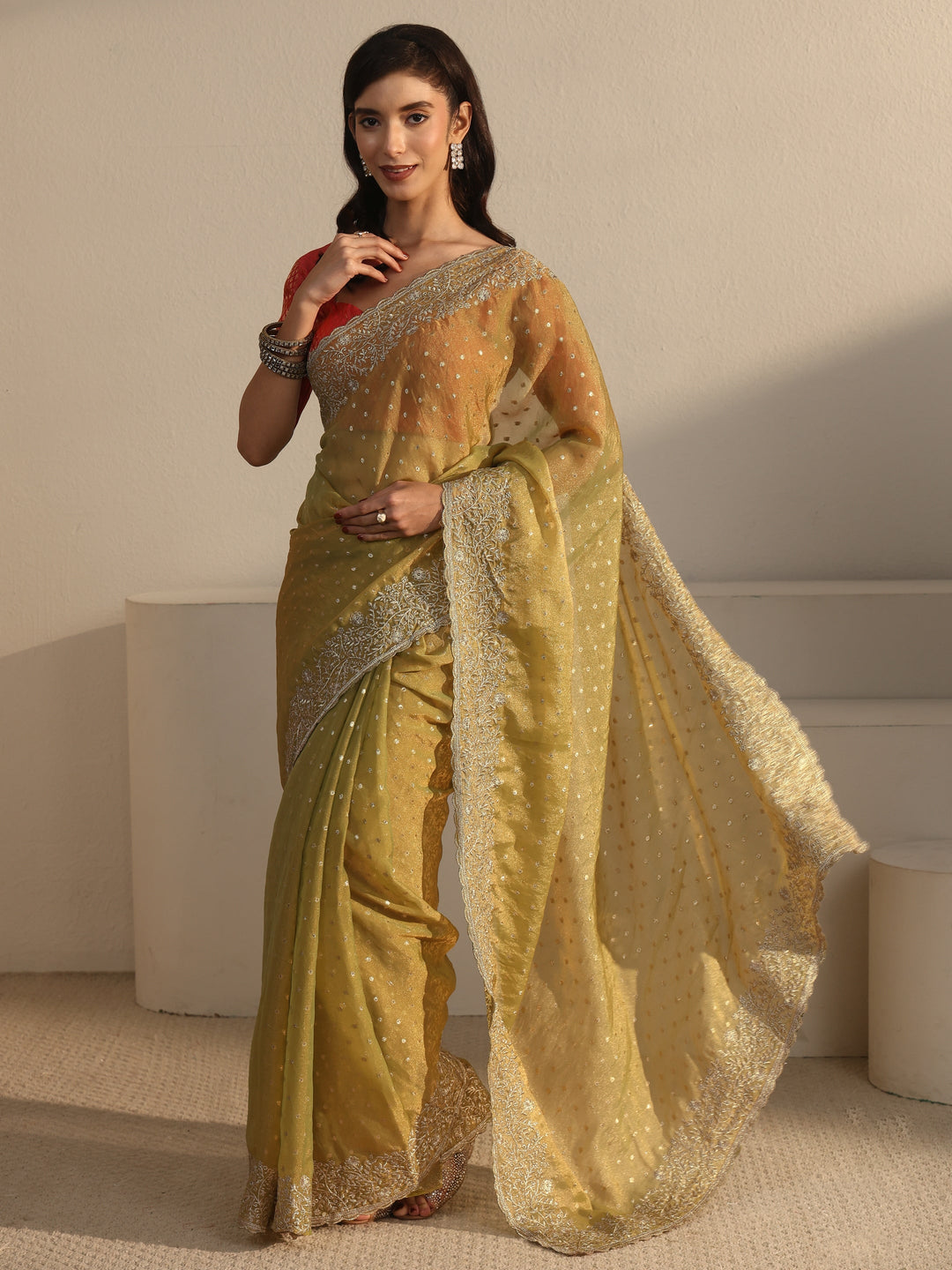  Libas Sage Green Woven Design Tissue Saree with Floral Border 