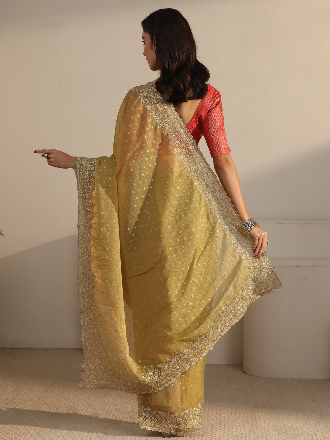  Libas Sage Green Woven Design Tissue Saree with Floral Border 