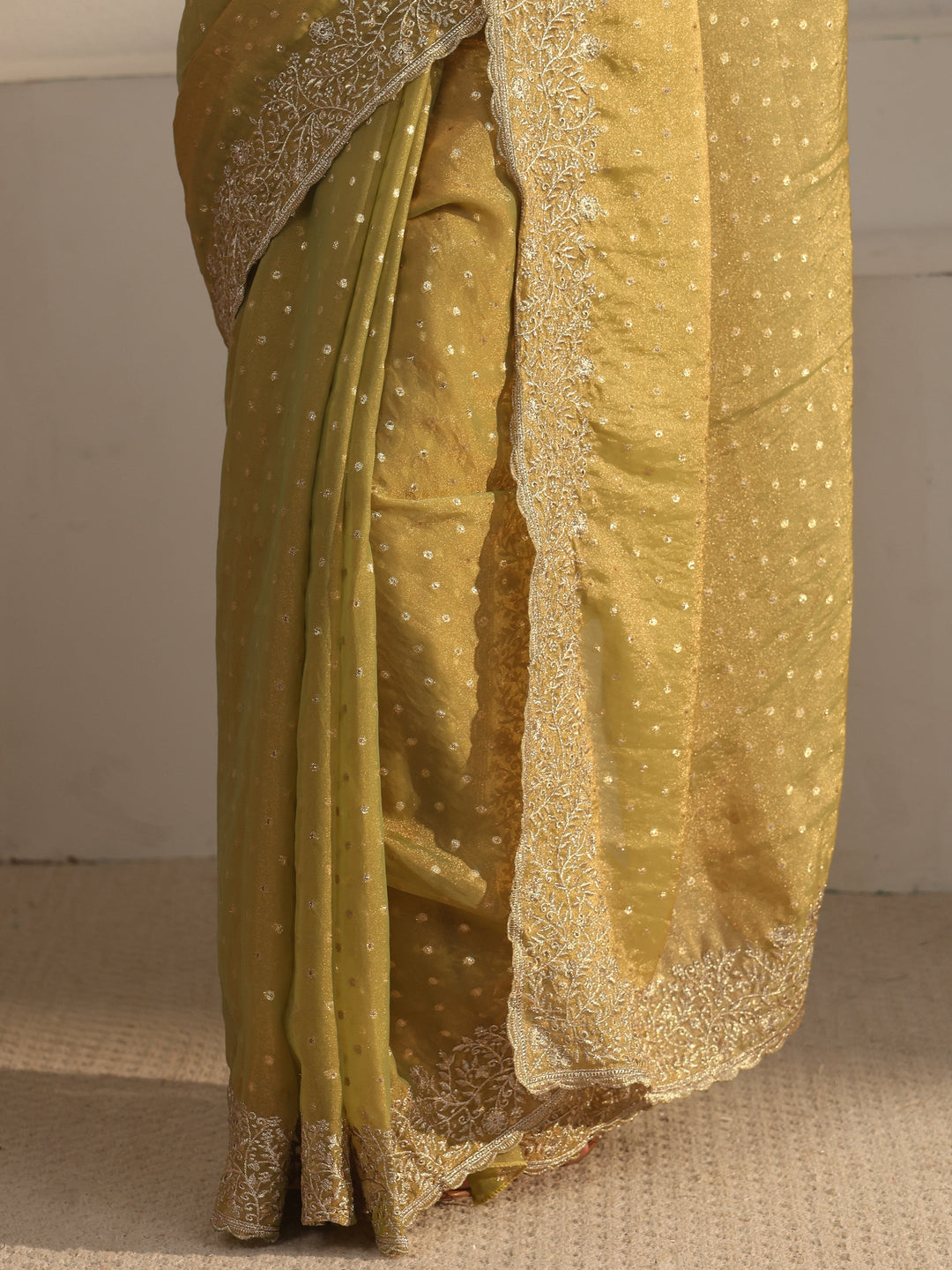  Libas Sage Green Woven Design Tissue Saree with Floral Border 
