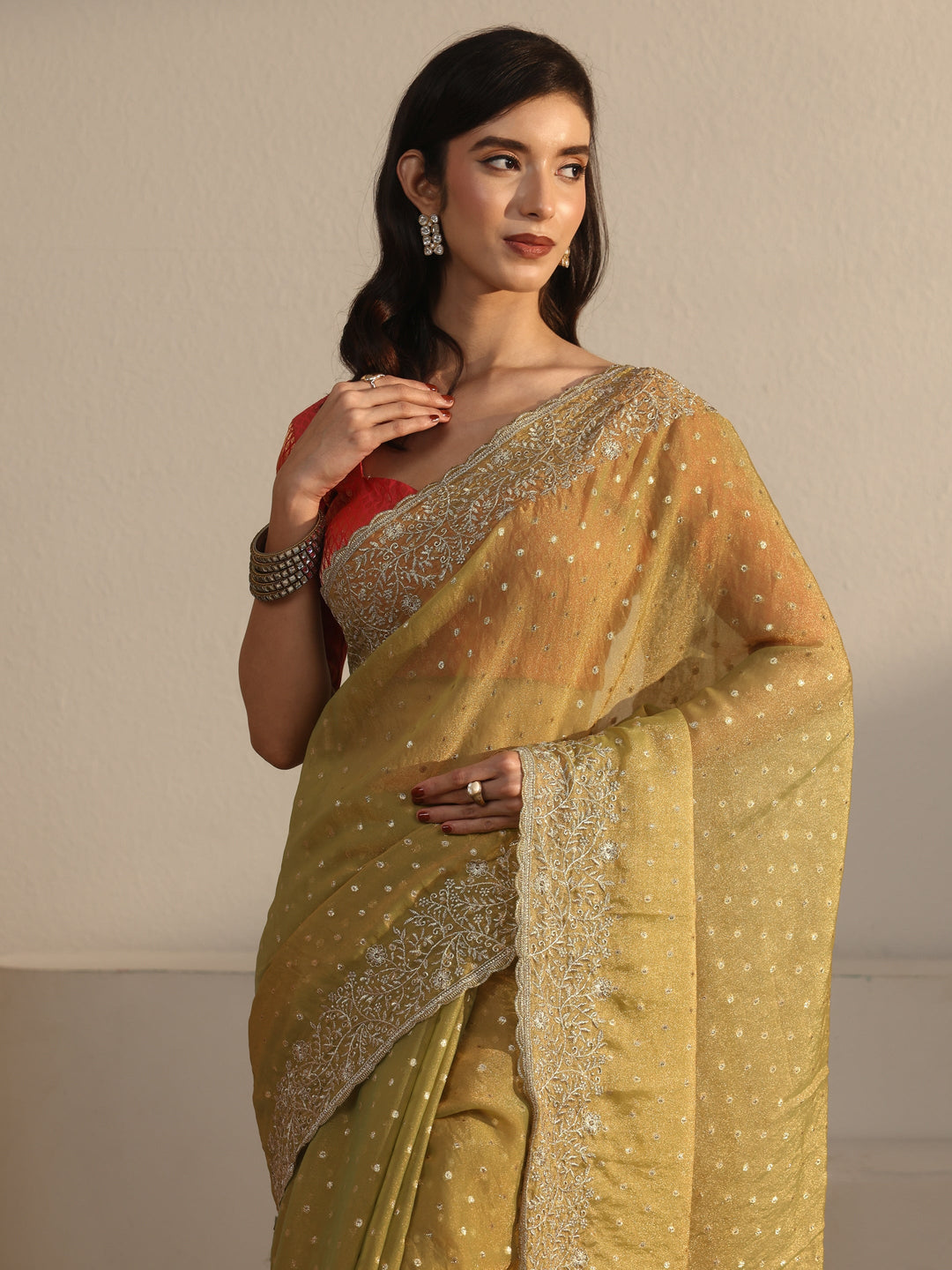  Libas Sage Green Woven Design Tissue Saree with Floral Border 