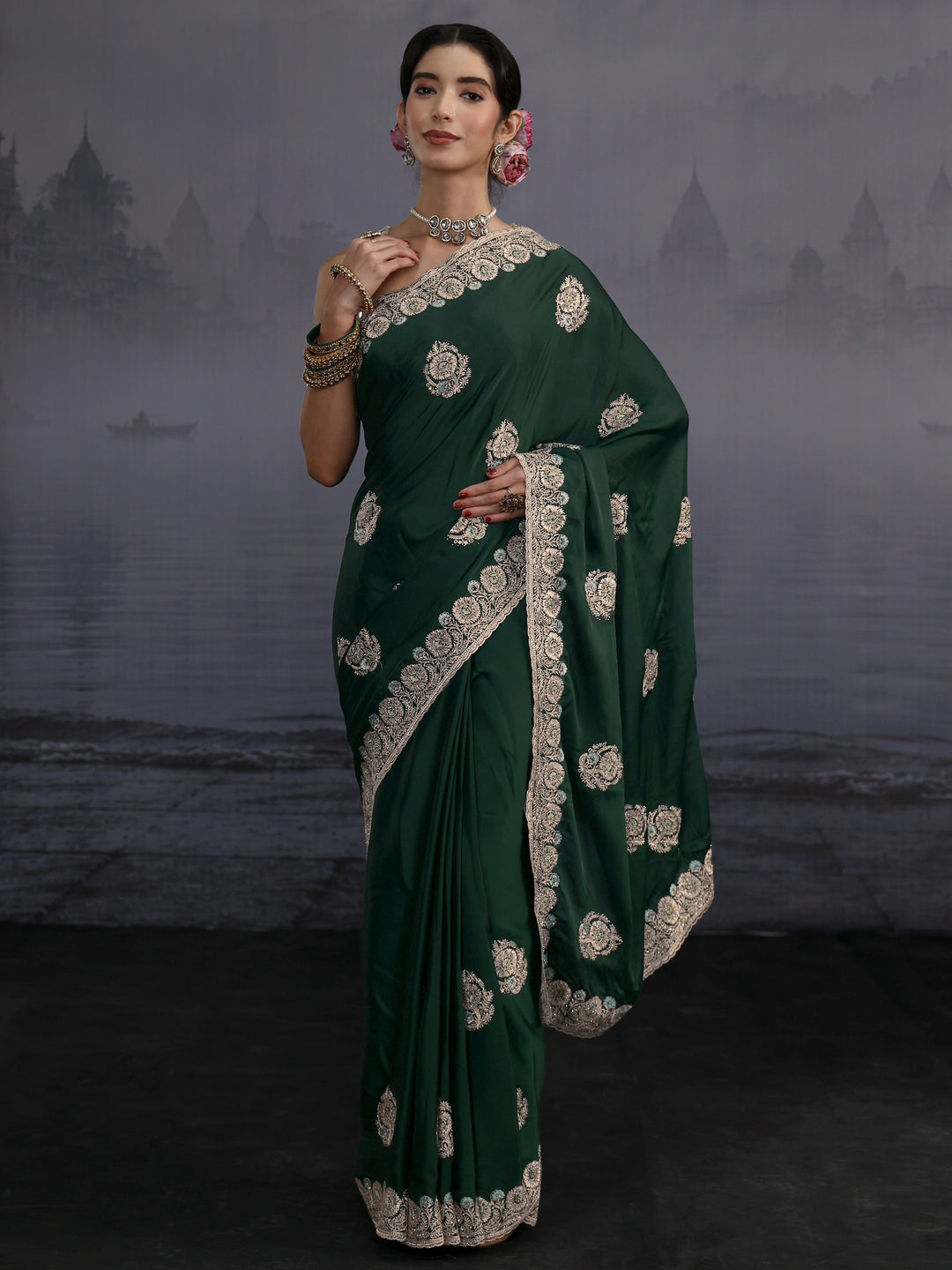  Libas Dark Green Floral Embroidered Satin Saree 