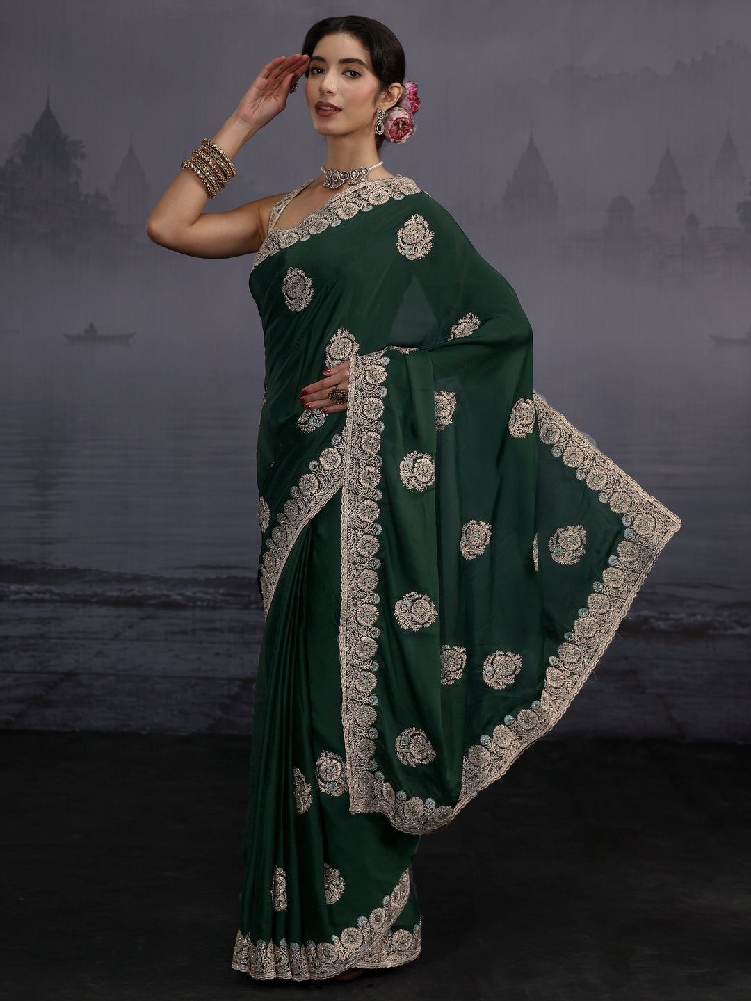  Libas Dark Green Floral Embroidered Satin Saree 