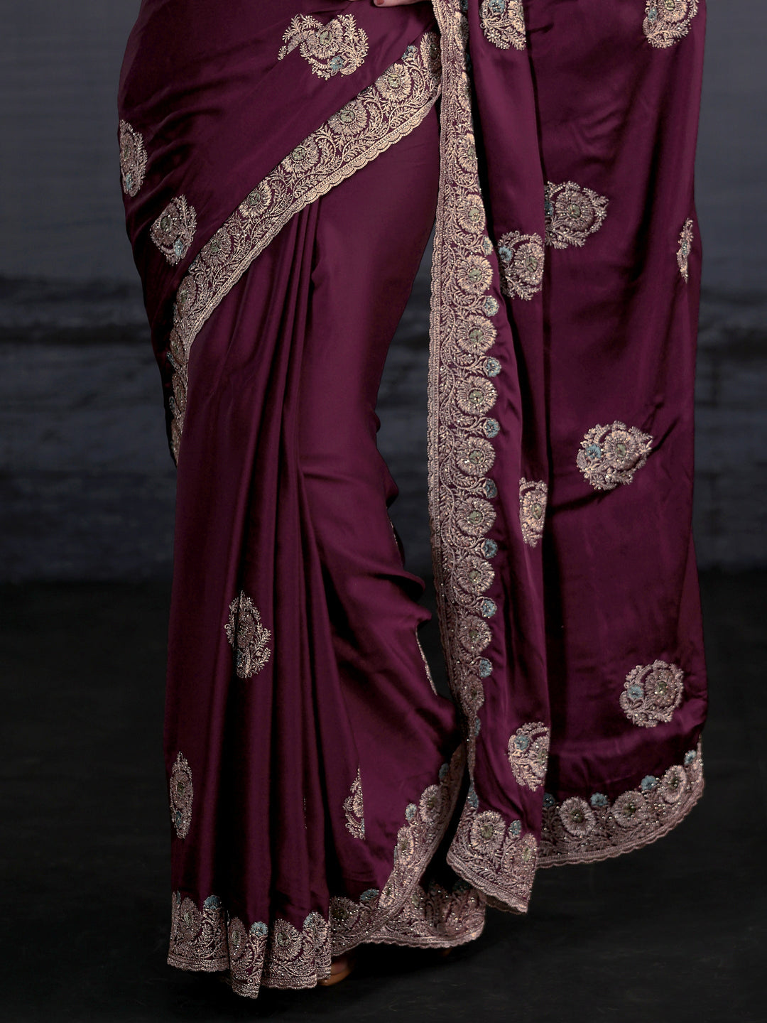  Libas Maroon Floral Embroidered Satin Saree 