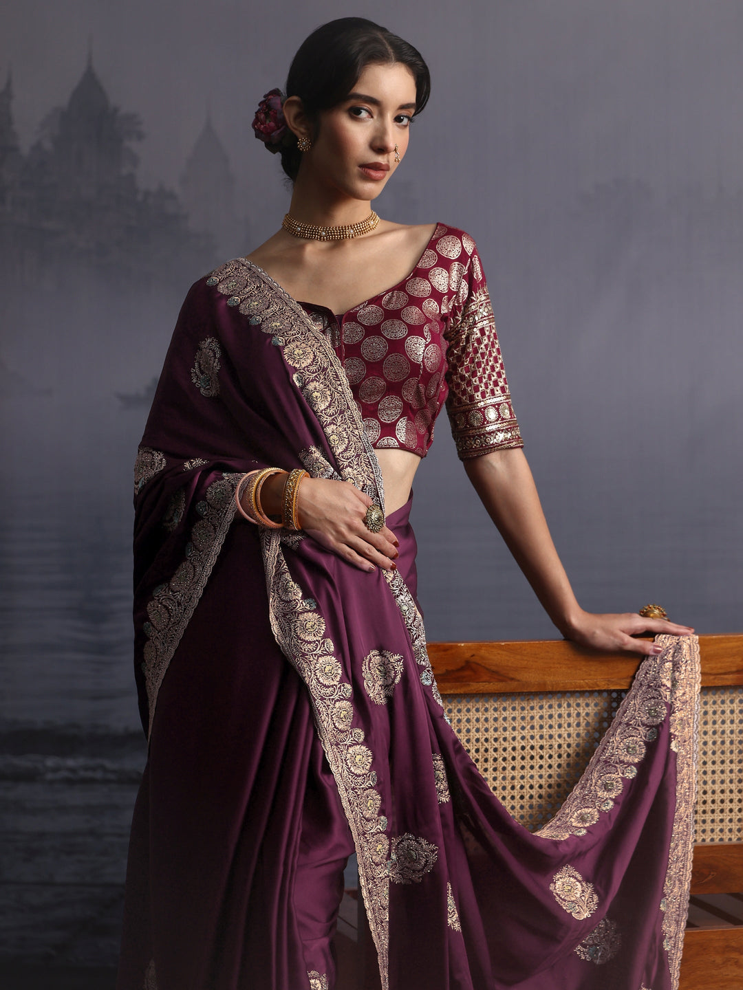  Libas Maroon Floral Embroidered Satin Saree 