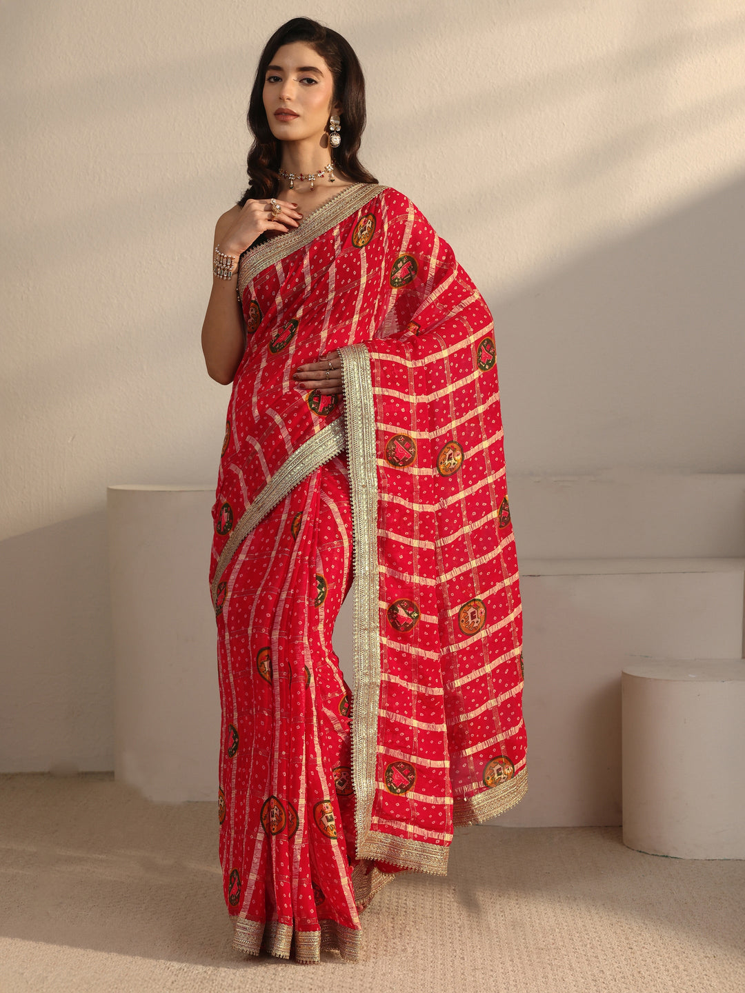  Libas Red Bandhani Printed Chiffon Saree with Gotta Patti Border 
