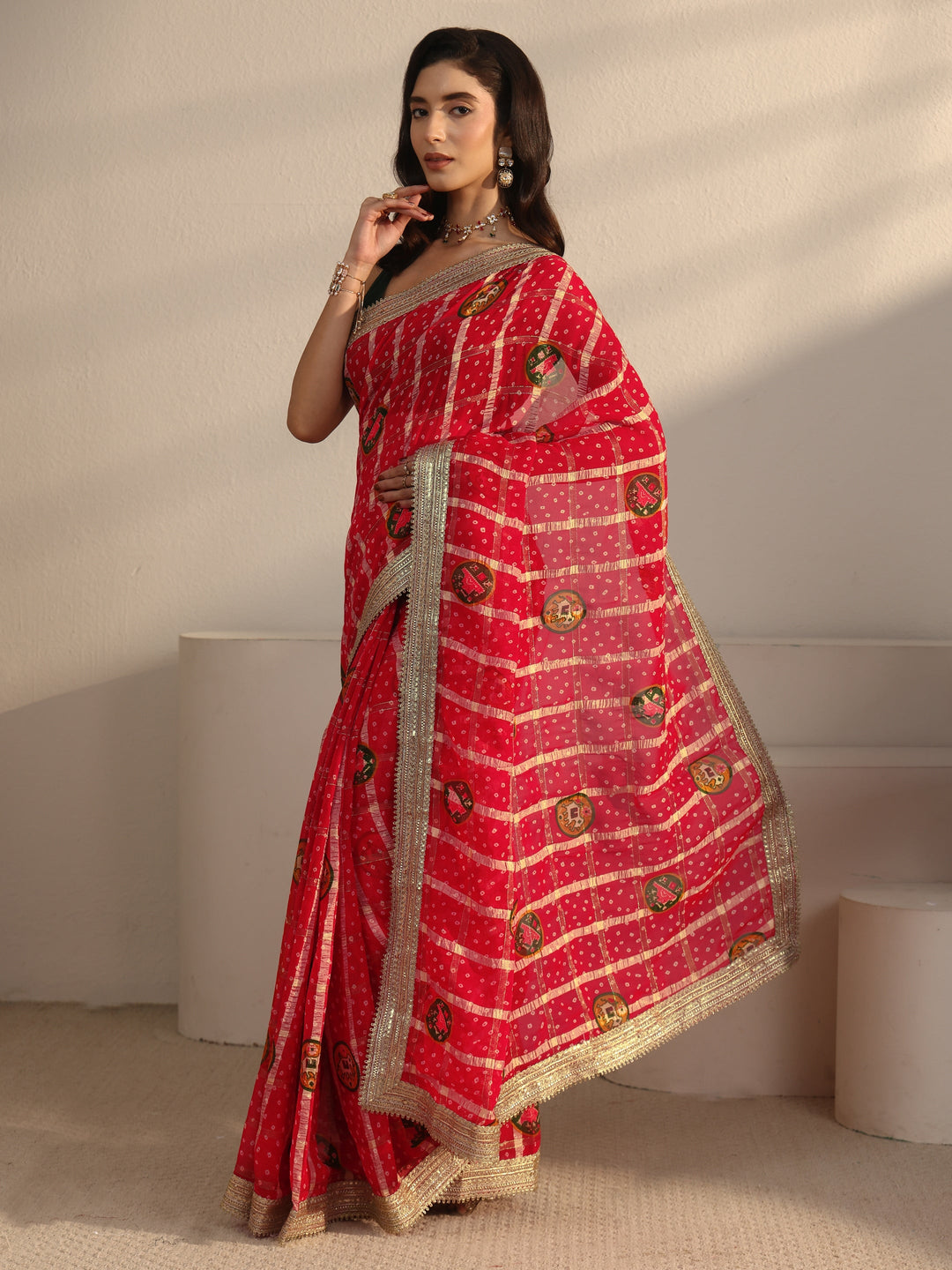  Libas Red Bandhani Printed Chiffon Saree with Gotta Patti Border 