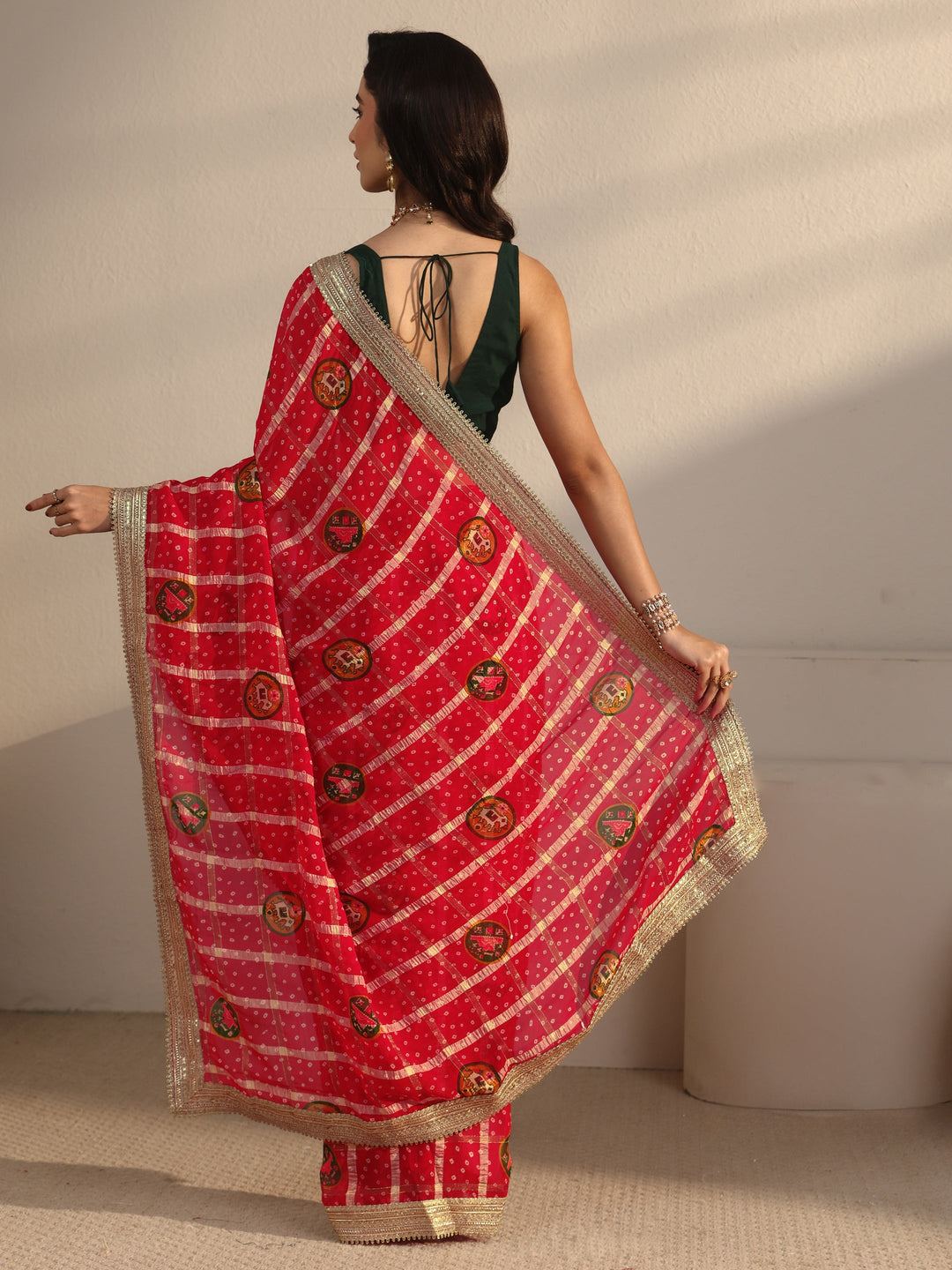  Libas Red Bandhani Printed Chiffon Saree with Gotta Patti Border 