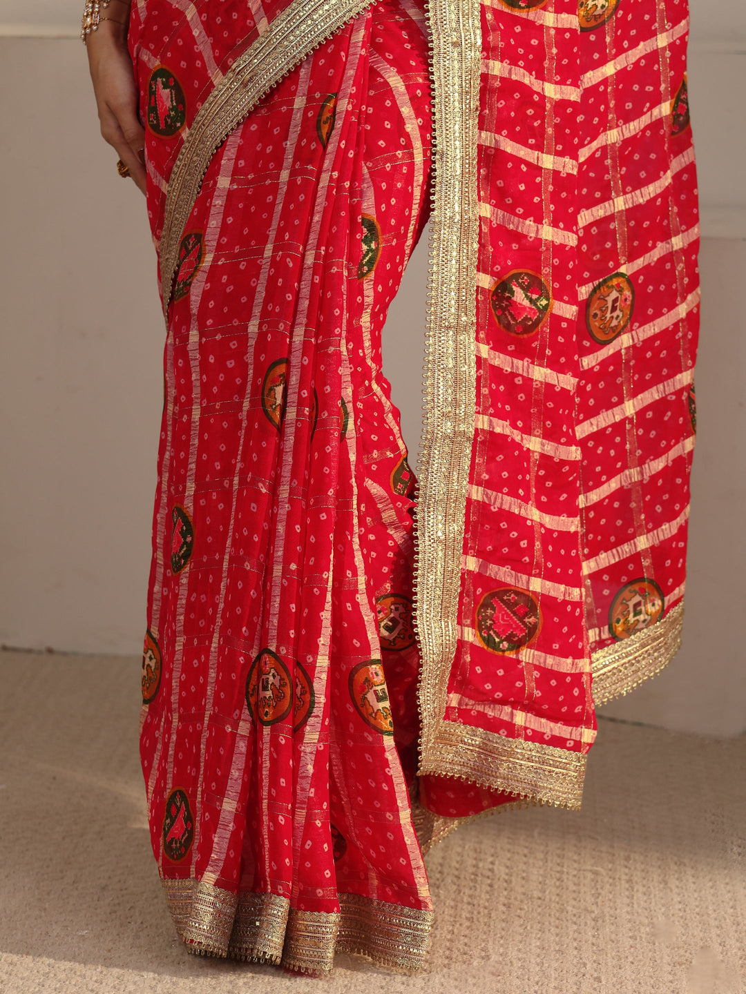  Libas Red Bandhani Printed Chiffon Saree with Gotta Patti Border 