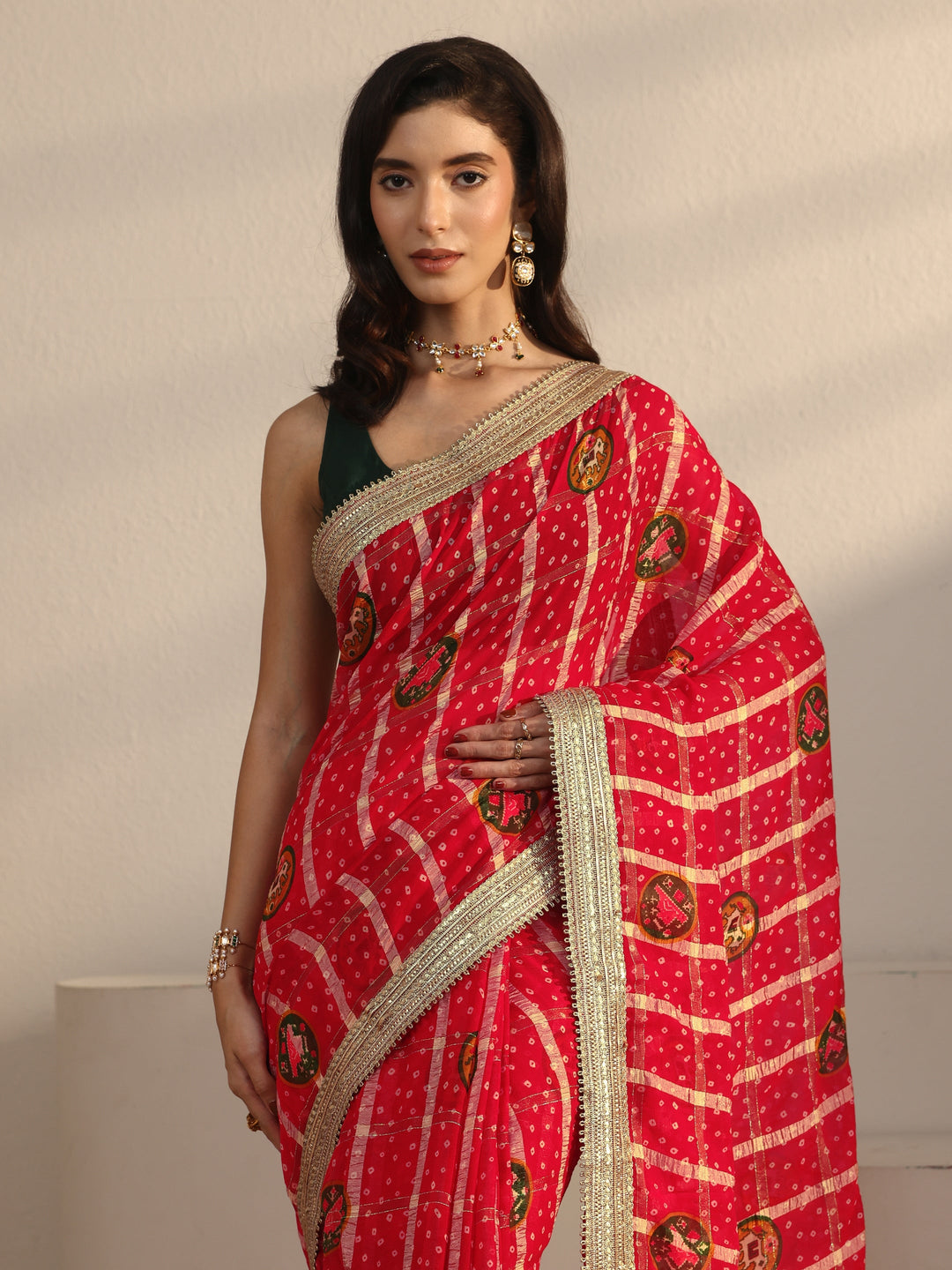  Libas Red Bandhani Printed Chiffon Saree with Gotta Patti Border 