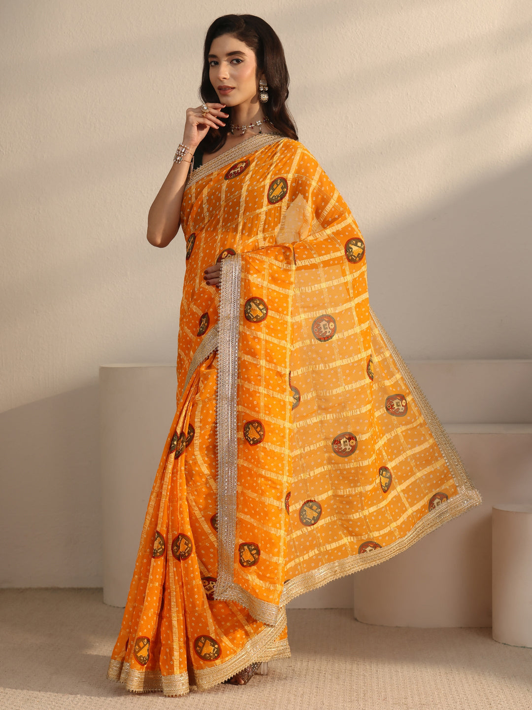  Libas Mustard Bandhani Printed Chiffon Saree with Gotta Patti Border 