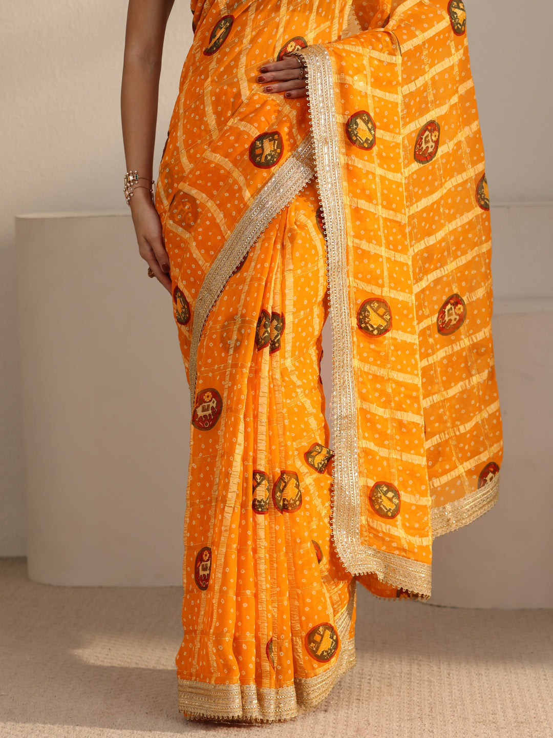  Libas Mustard Bandhani Printed Chiffon Saree with Gotta Patti Border 