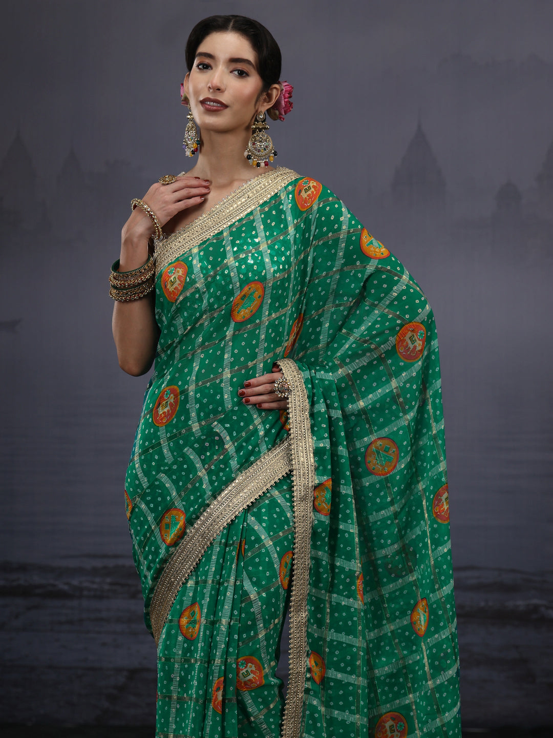  Libas Green Bandhani Printed Chiffon Saree 