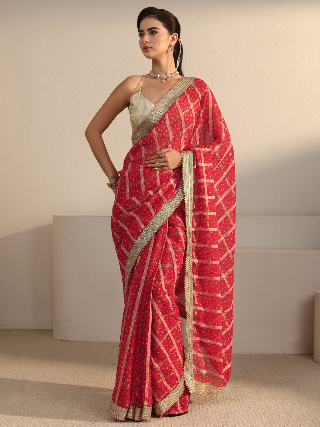  Libas Red Bandhani Printed Chiffon Saree with Gotta Patti Border 