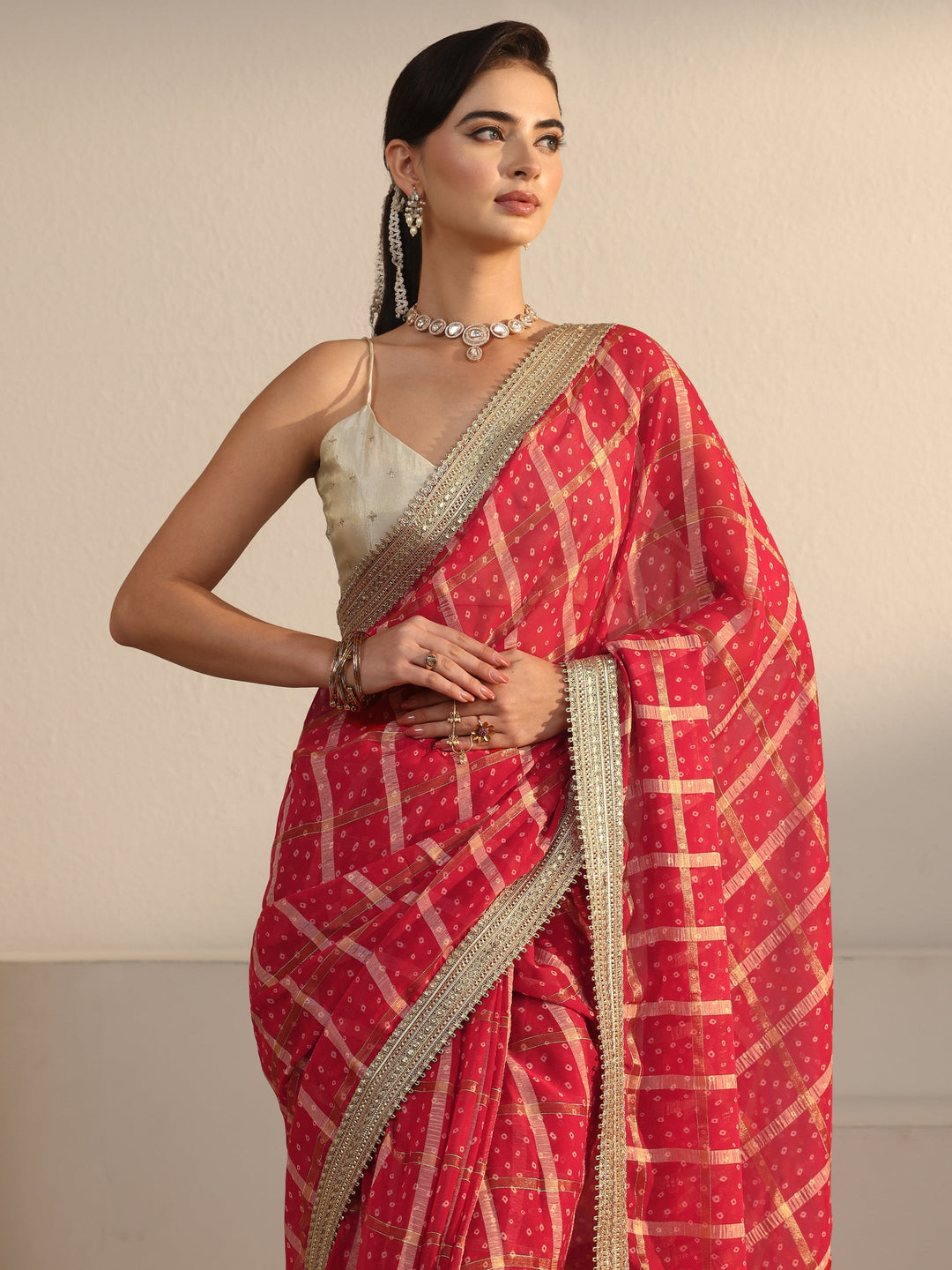  Libas Red Bandhani Printed Chiffon Saree with Gotta Patti Border 