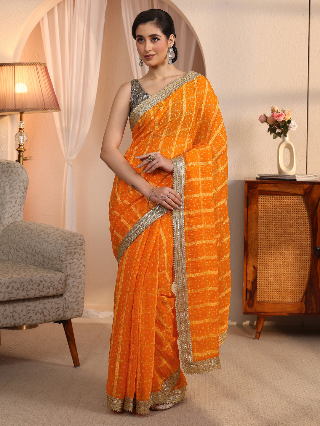  Libas Mustard Bandhani Printed Chiffon Saree with Gota Patti Border 