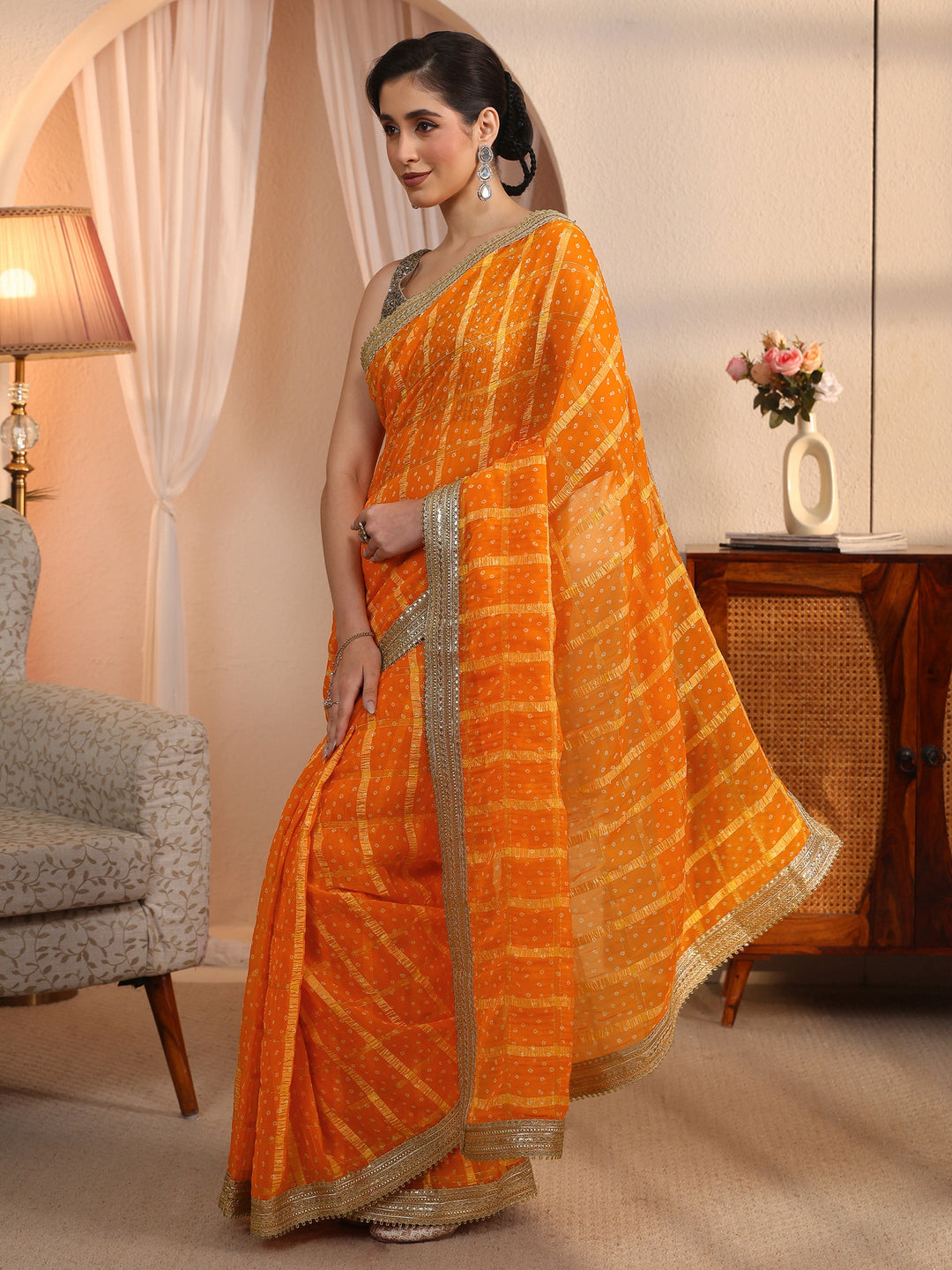  Libas Mustard Bandhani Printed Chiffon Saree with Gota Patti Border 