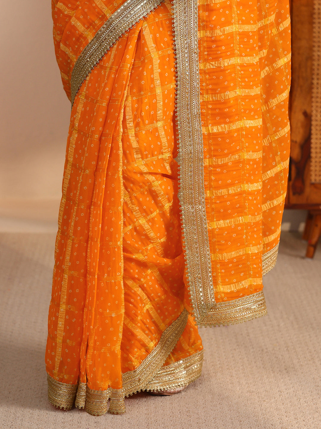  Libas Mustard Bandhani Printed Chiffon Saree with Gota Patti Border 