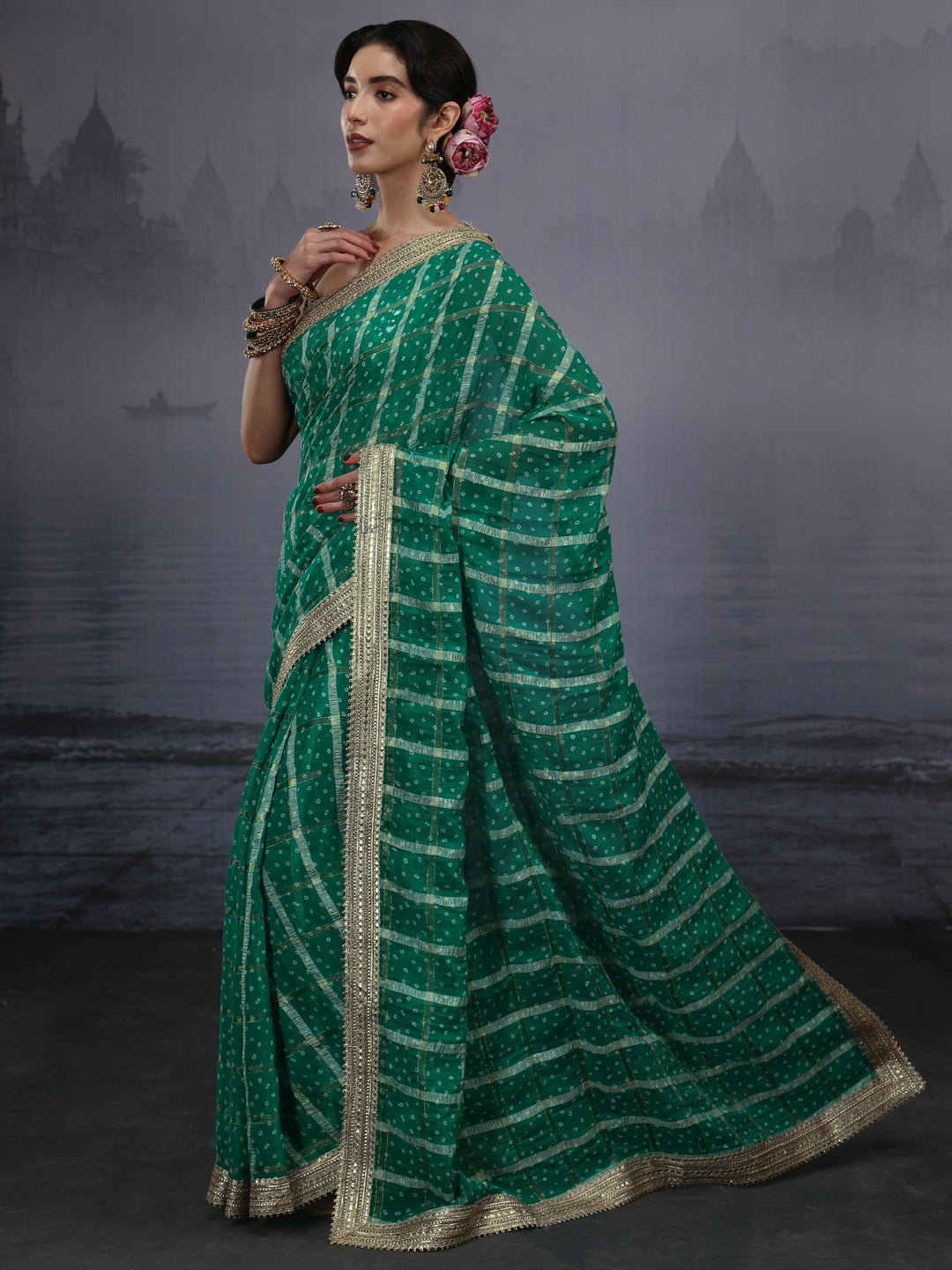  Libas Green Bandhani Printed Chiffon Saree 