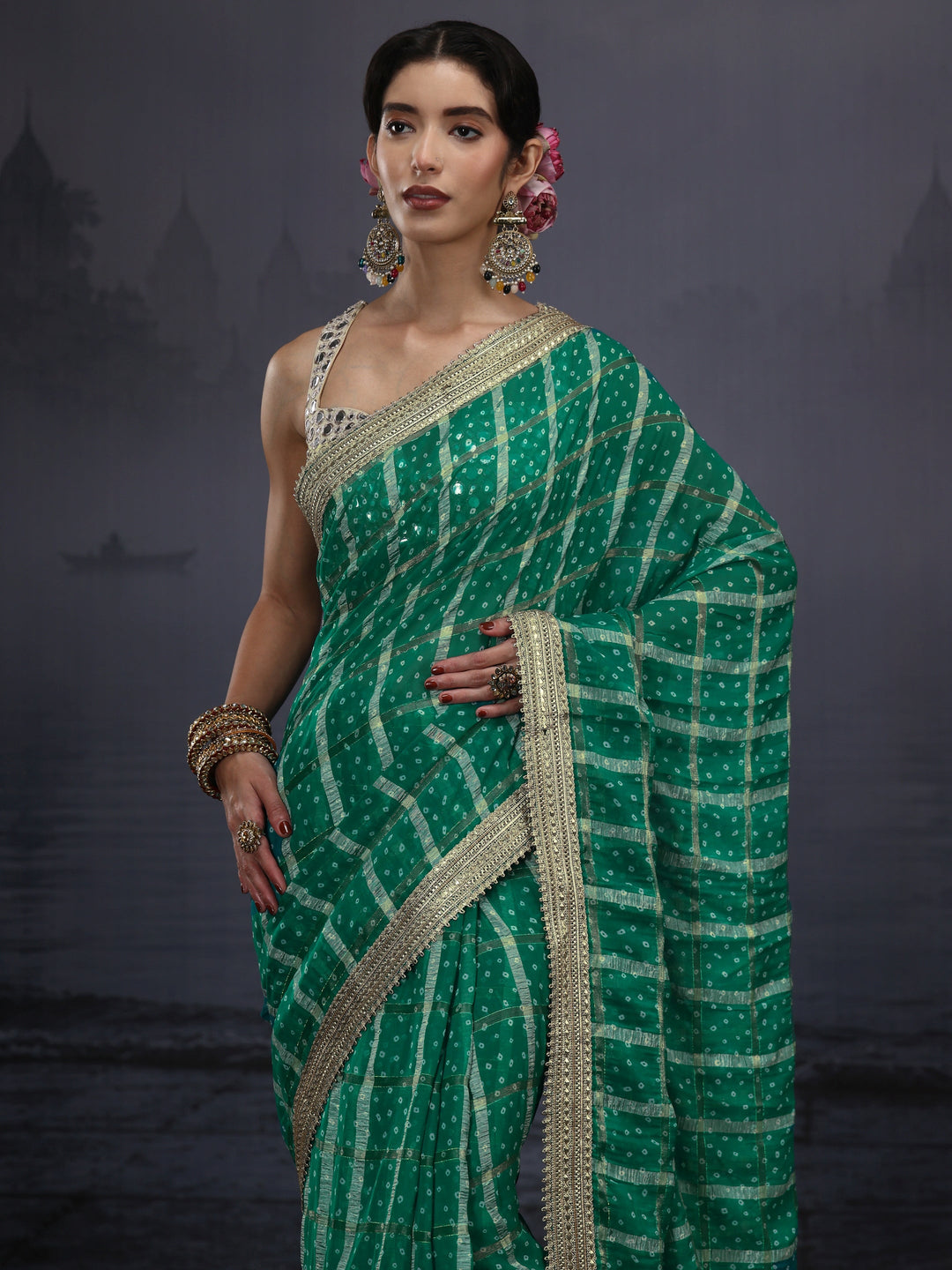  Libas Green Bandhani Printed Chiffon Saree 