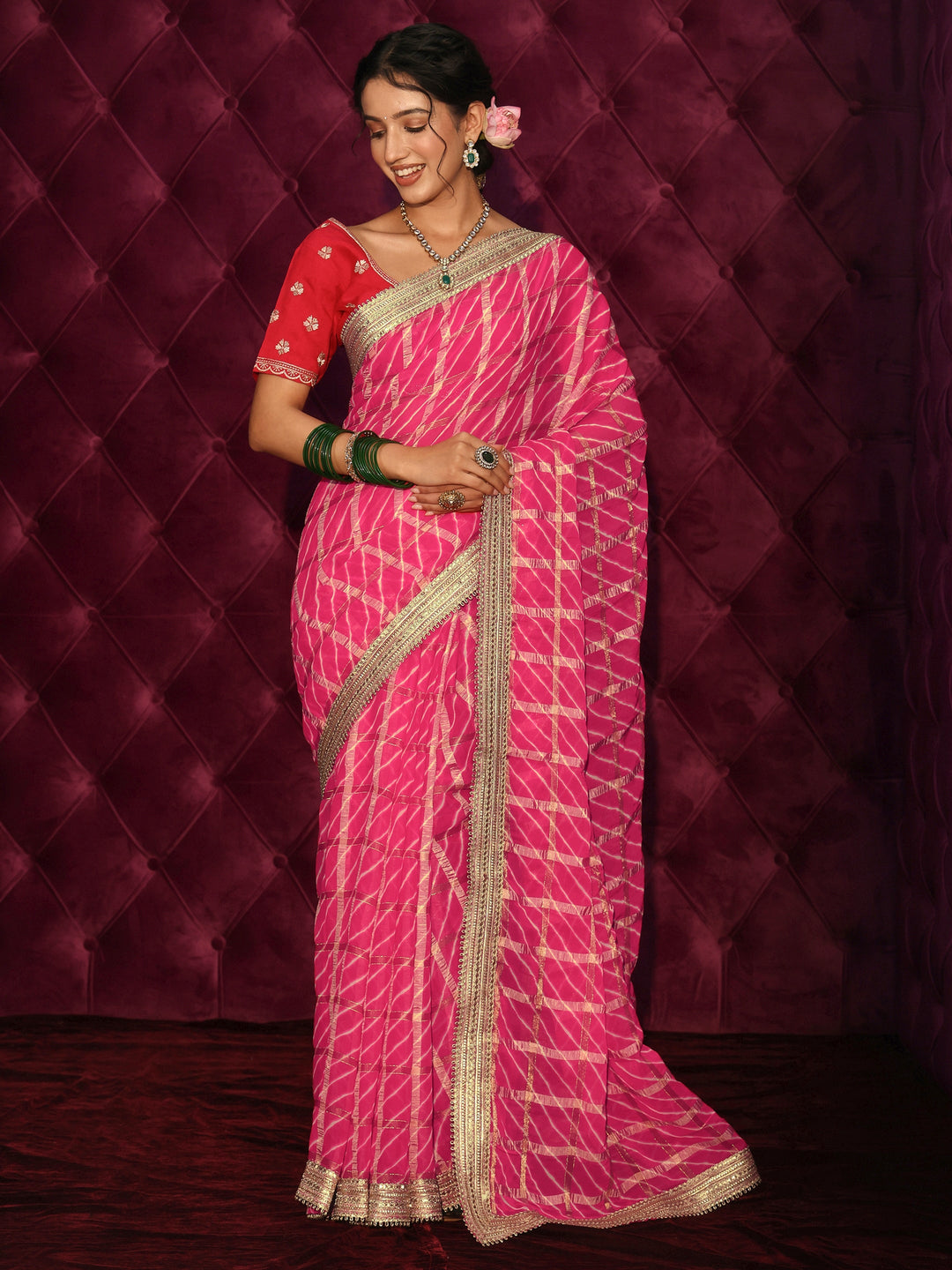 Libas Pink Leheriya Printed Chiffon Saree 