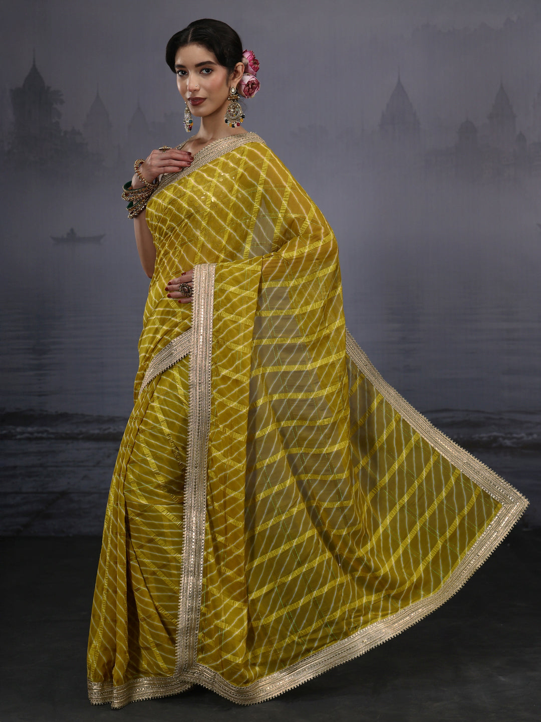  Libas Green Leheriya Printed Chiffon Saree 