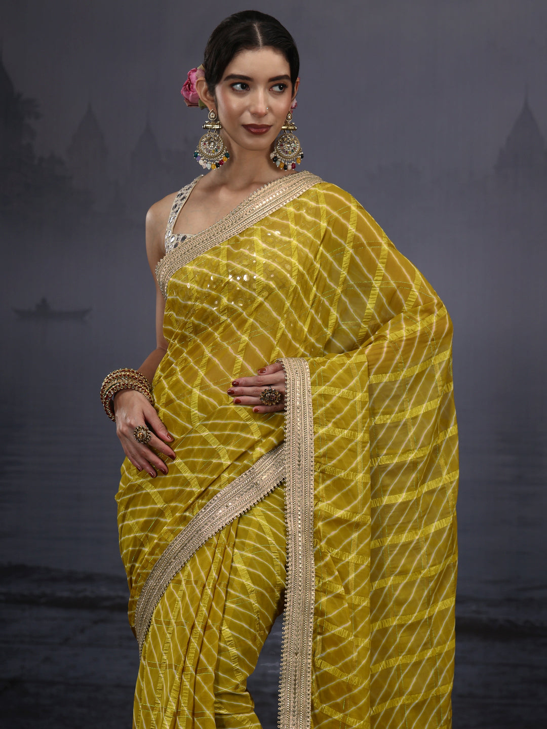  Libas Green Leheriya Printed Chiffon Saree 