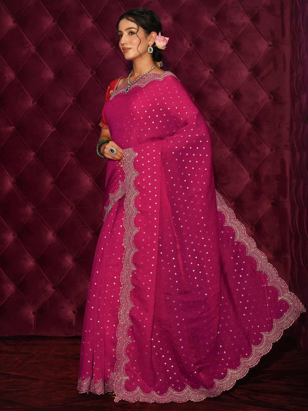  Libas Pink Woven Design Tissue Saree with Scalloped Border 